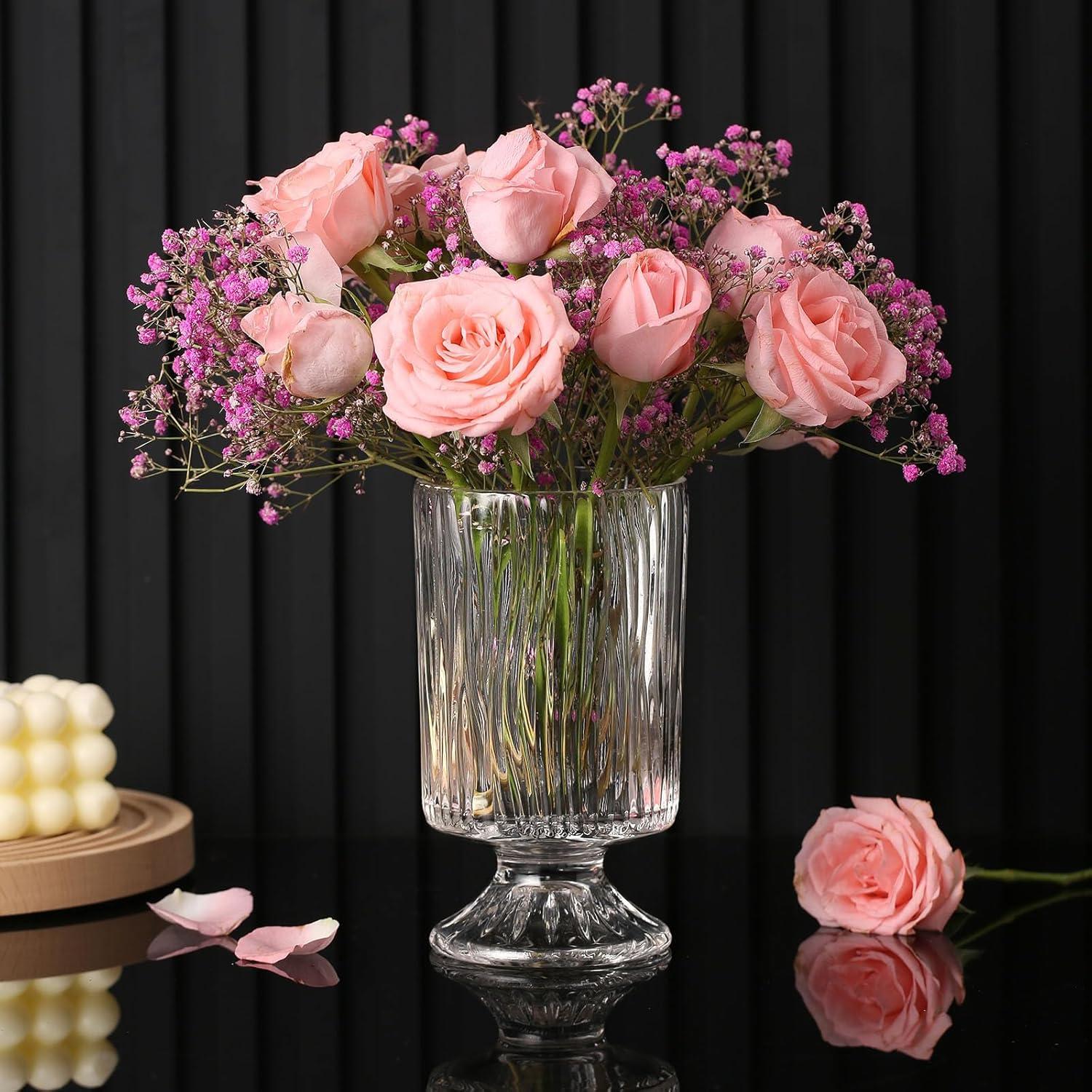 7 Inch Modern Glass Vase with Embossed Ribbed Base - Clear Hydroponic Design for Home Decor, Weddings Party Living Room, Dining Table Floral Arrangement Centerpiece