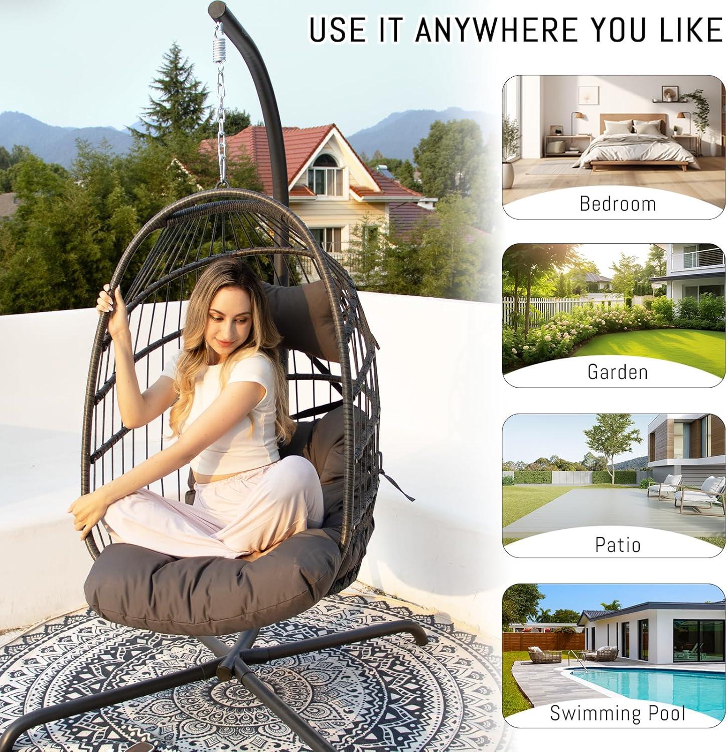 RADIATA Outdoor Foldable Hanging Egg Chair with Stand, PE Wicker Swing Chair with Cushion and Headrest, 350 lbs Capacity, Beige