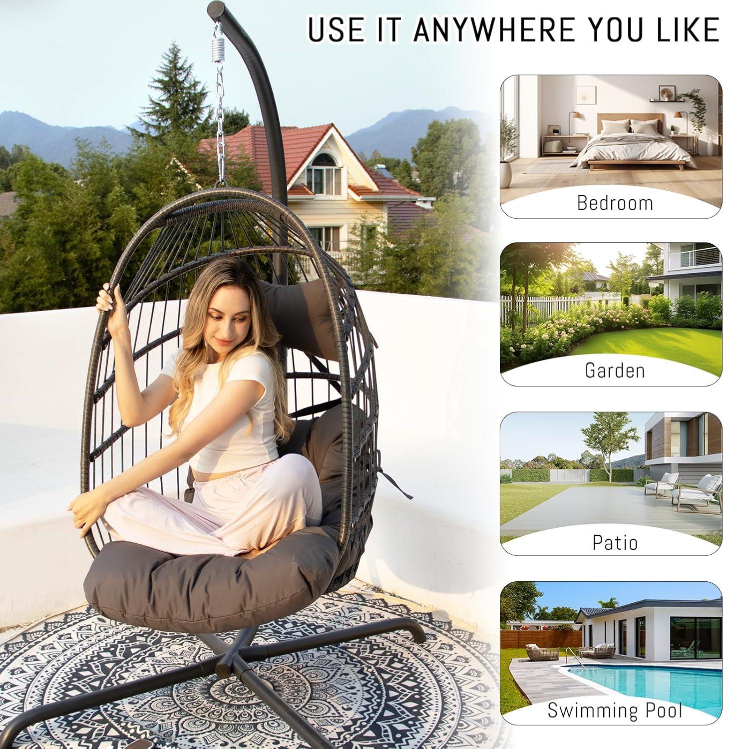 RADIATA Outdoor Foldable Hanging Egg Chair with Stand, PE Wicker Swing Chair with Cushion and Headrest, 350 lbs Capacity, Beige