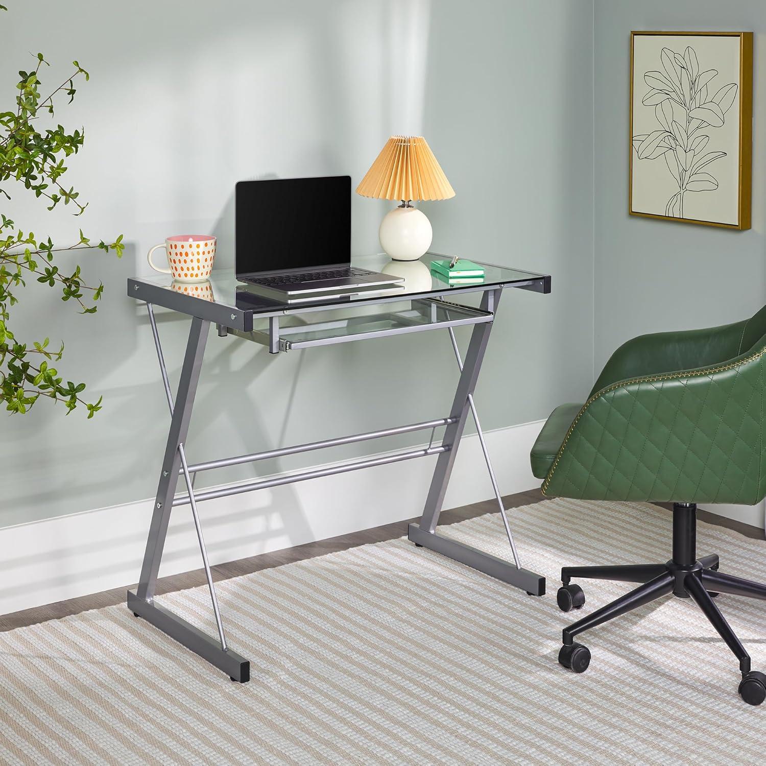 Silver Glass and Metal Computer Desk with Keyboard Tray