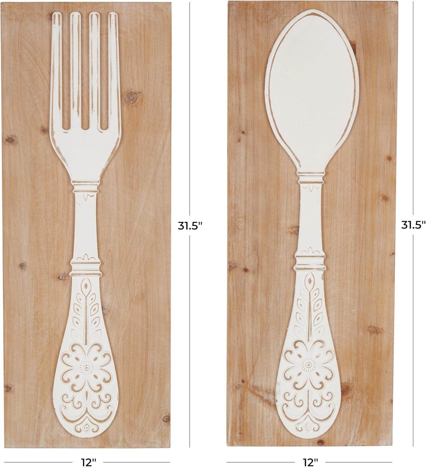 DecMode Brown Wooden Utensils Wall Decor with Carved White Floral Designs (2 Count)