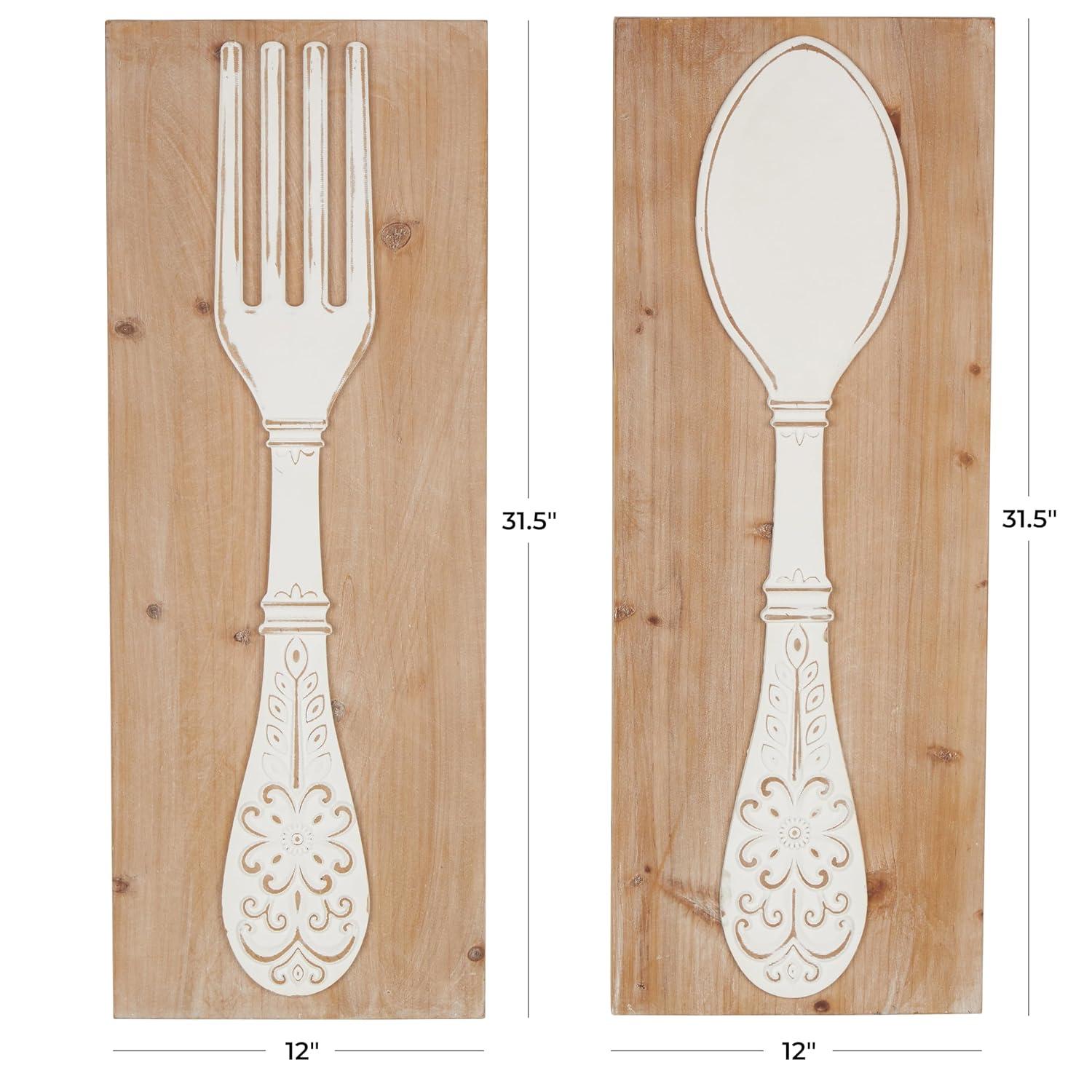DecMode Brown Wooden Utensils Wall Decor with Carved White Floral Designs (2 Count)