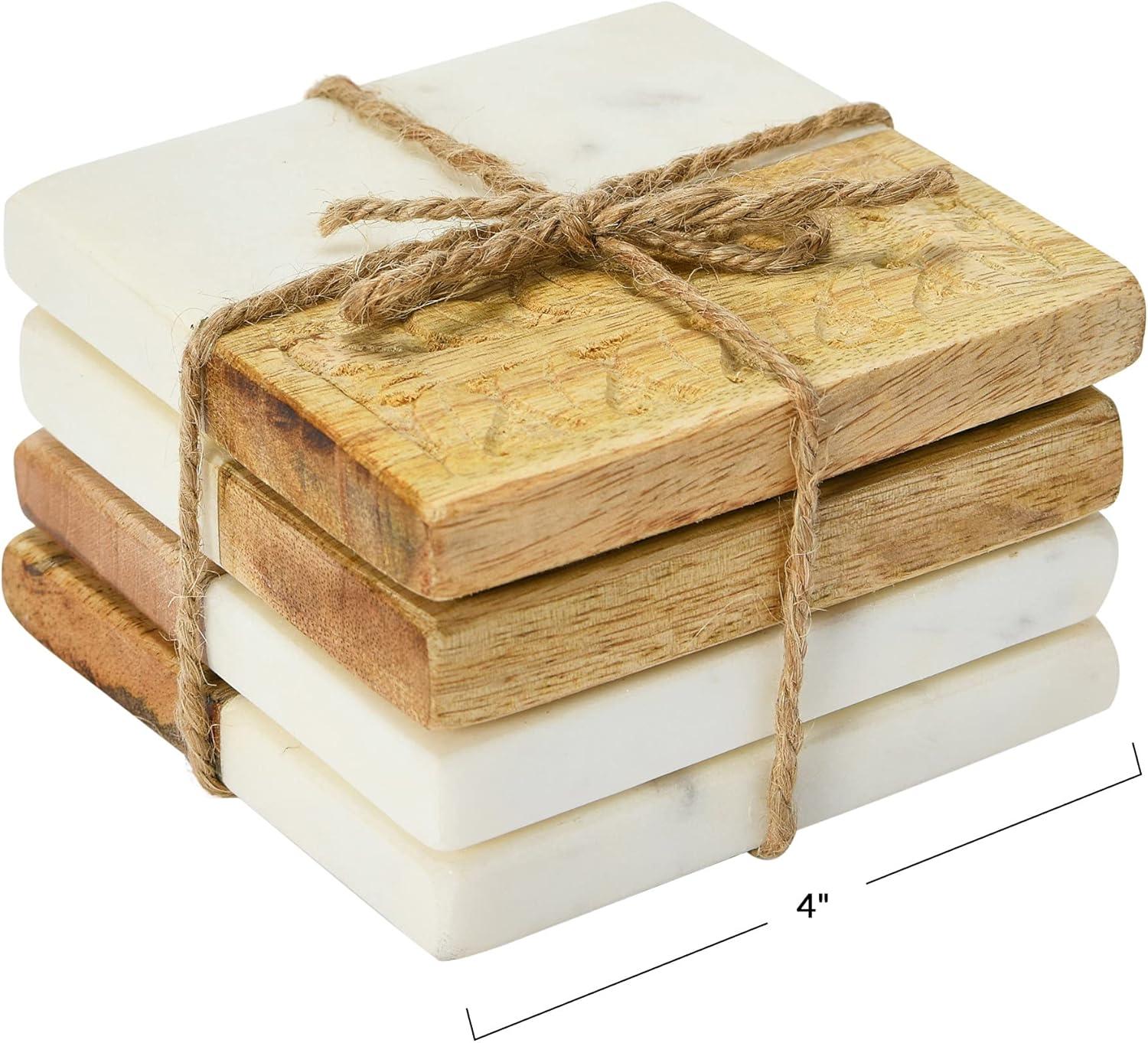 Hand-Carved Mango Wood and Marble Square Coasters, Set of 4