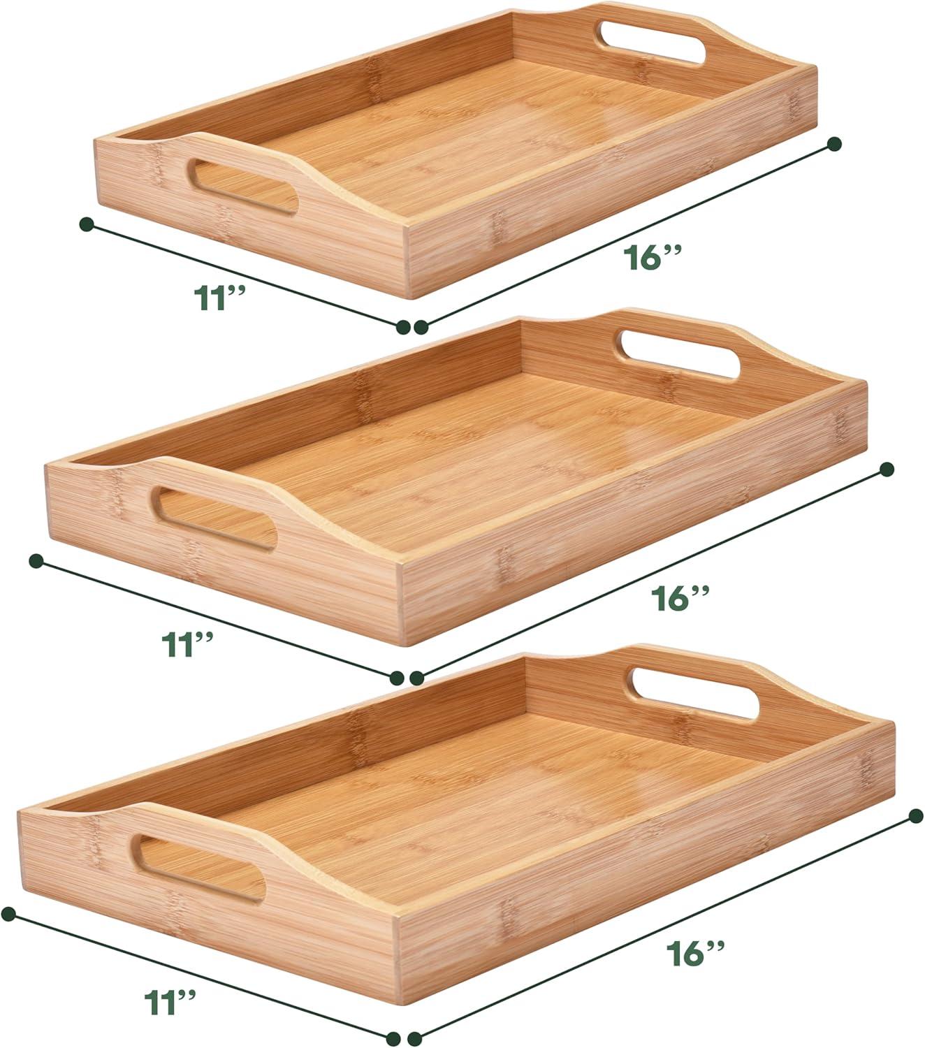 Set of 3 Natural Bamboo Serving Trays with Handles