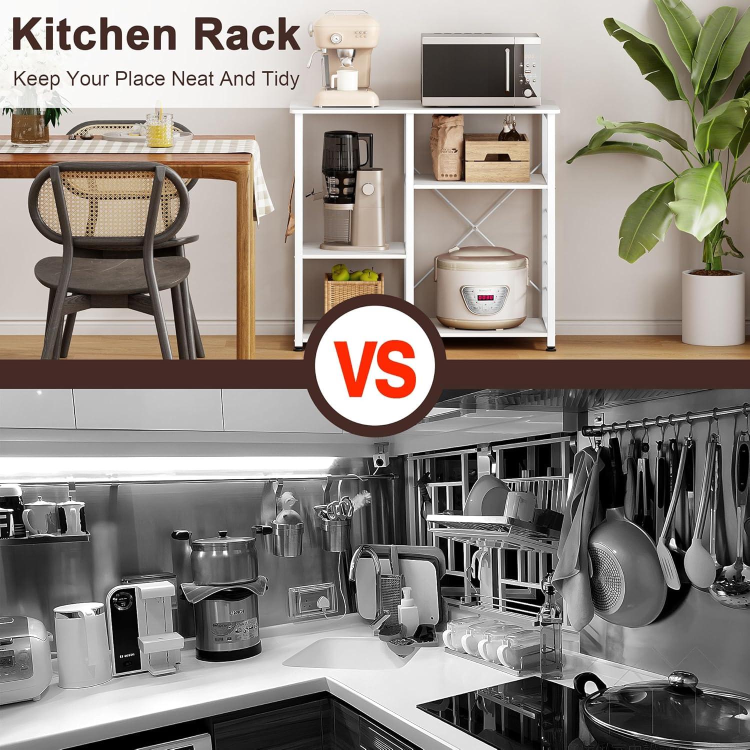 SDHYL Coffee Bar, 35 inch Bakers Rack Microwave Stand with 4 Storage Shelves, Kitchen Shelves Organizers Bakers Racks with Storage, Microwave Table Coffee Station Table for Home Kitchen, White