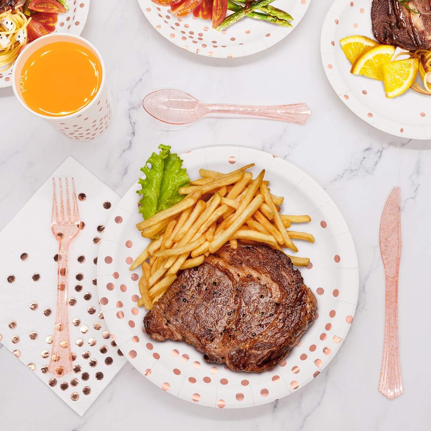 White & Rose Gold Party Supplies, 350PCS Disposable Dinnerware Set with Plates Napkins Cups Forks Knives Spoons for Girl Women Birthday Baby Bridal Shower Graduation Wedding Party Decoration