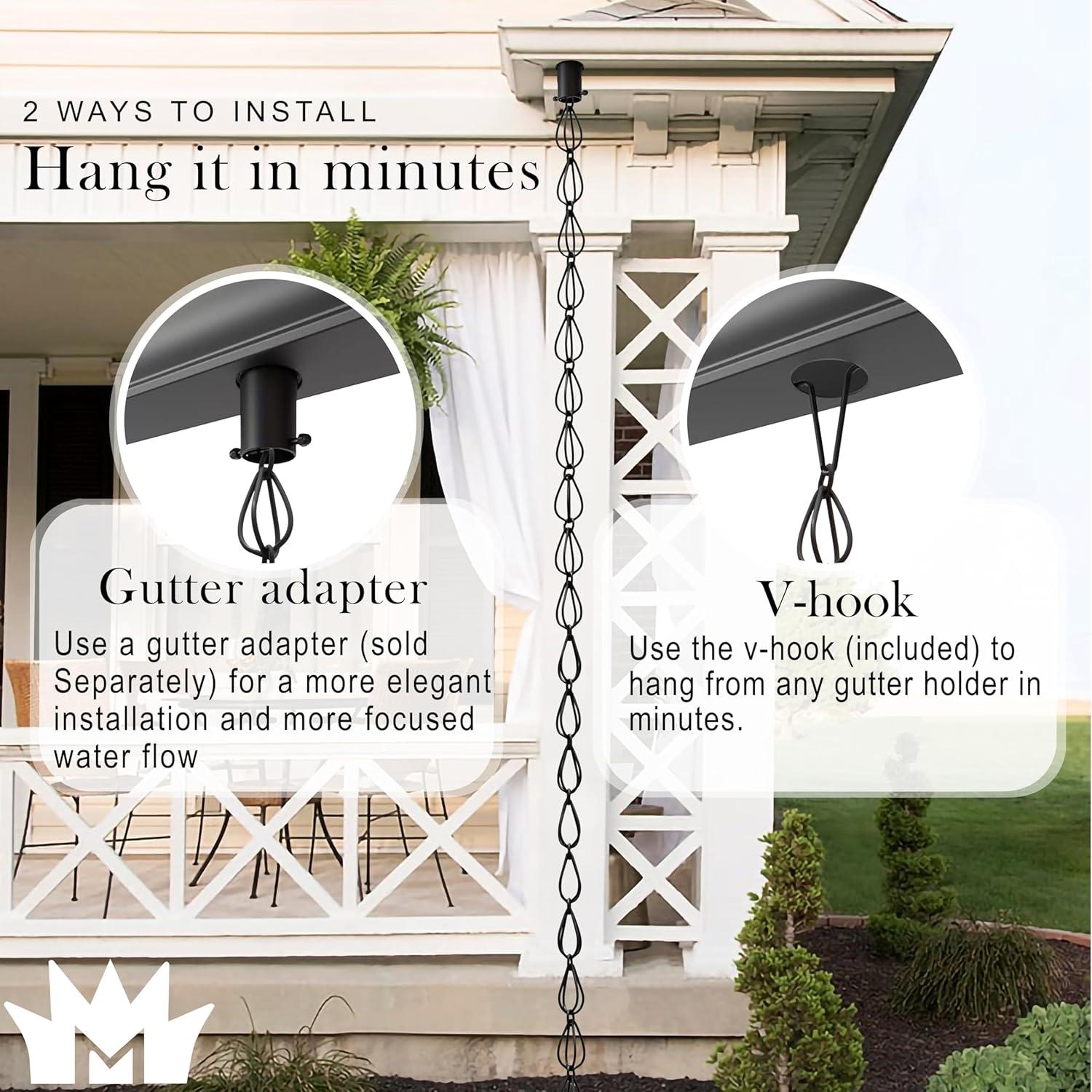 Monarch Rain Chains Aluminum Teardrop Rain Chain, 8.5 ft Black Powder Coated Aluminum Decorative Rain Catcher Chain for Gutters, Black Aluminum Rain Gutter Replacement Downspout