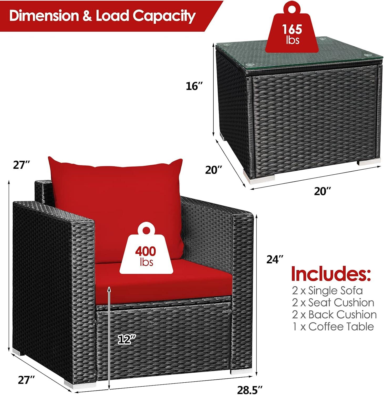 Costway 3PCS Patio Rattan Wicker Furniture Set Sofa Table W/Cushion Yard Red