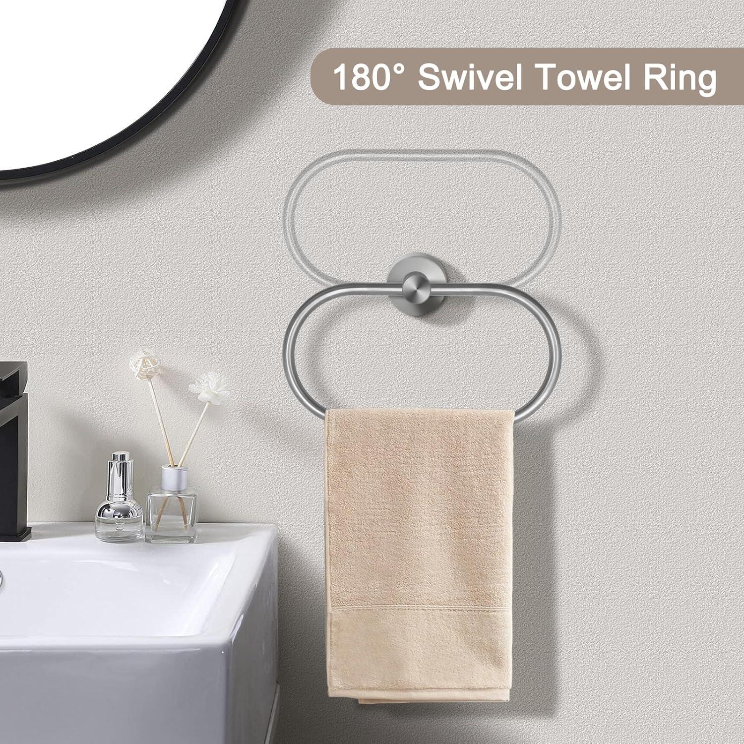 GYTF 7 PCS Bathroom Hardware Set, Silver Stainless Steel Bathroom Tower Rack Set Wall Mounted Includes 15" Towel Bar, Toilet Towel Paper Holder, Towel Ring, 4 Robe Towel Hooks