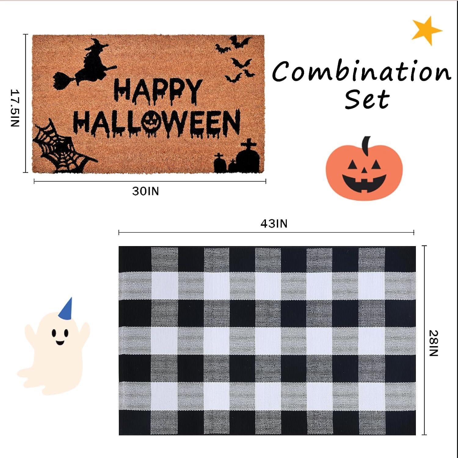 Halloween Decor Doormat Combo Set, 100%  Coir Welcome Mat + 28 X 43 Inches Black And White Plaid Rug - Halloween Front Porch Entryway Decor Floor Mat, Outdoor Mats Happy Halloween