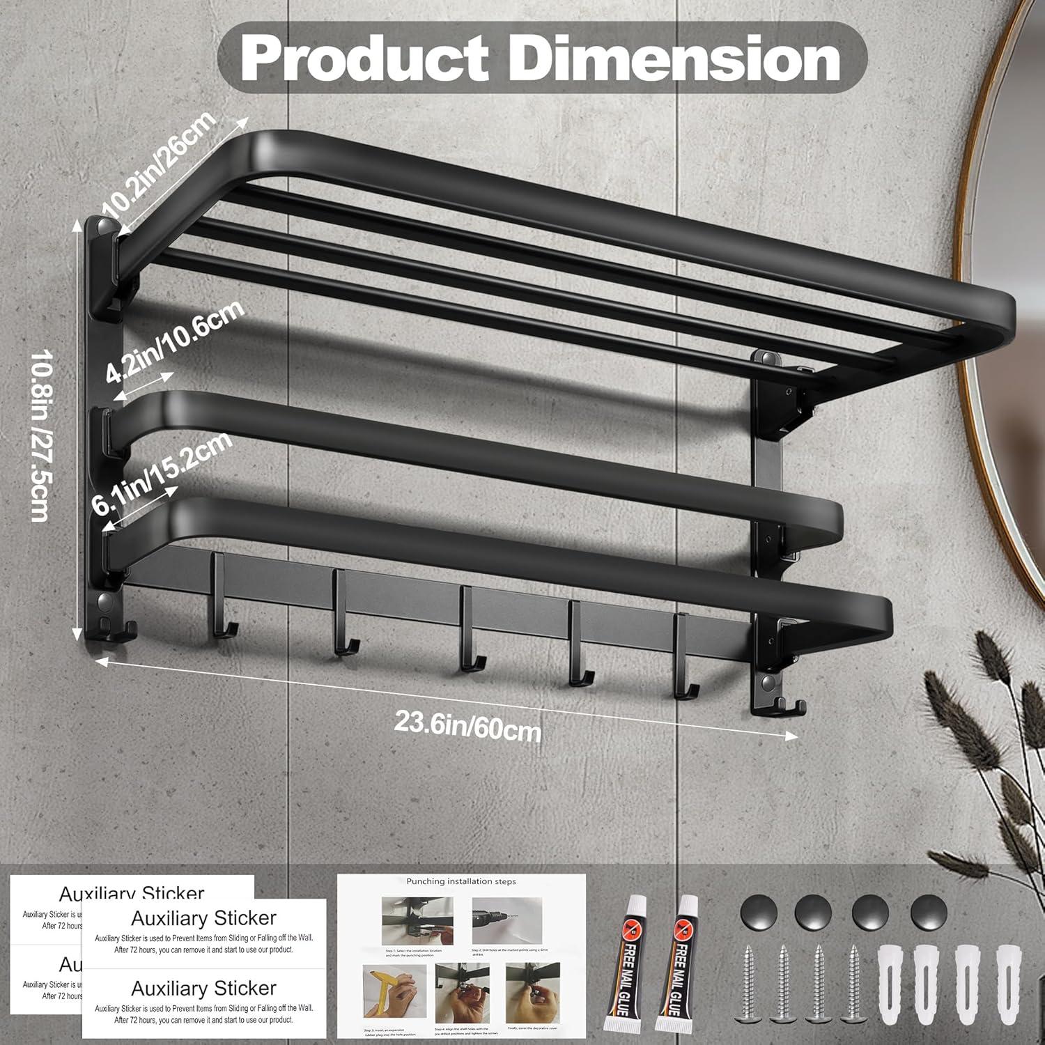 VOLDRA Towel Racks for Bathroom, 24-Inch Towel Shelf with Towel Bar Foldable Towel Holder with 7 Hooks Towel Storage Organizer for Bathroom & Lavatory Wall Mounted(Matte Black)