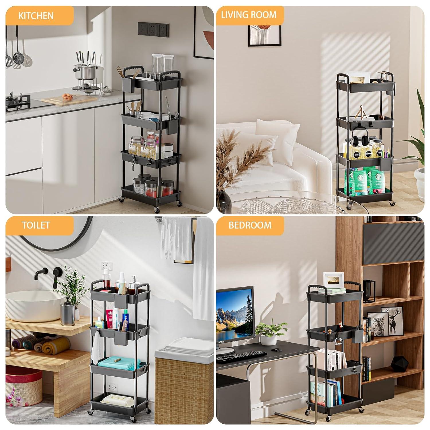 4 Tier Rolling Utility Cart with Handle,REBECAT Utility Cart Made of Multifunctional Storage Organizer Tool for Kitchen,Bathroom,Living Room,Office(Black)