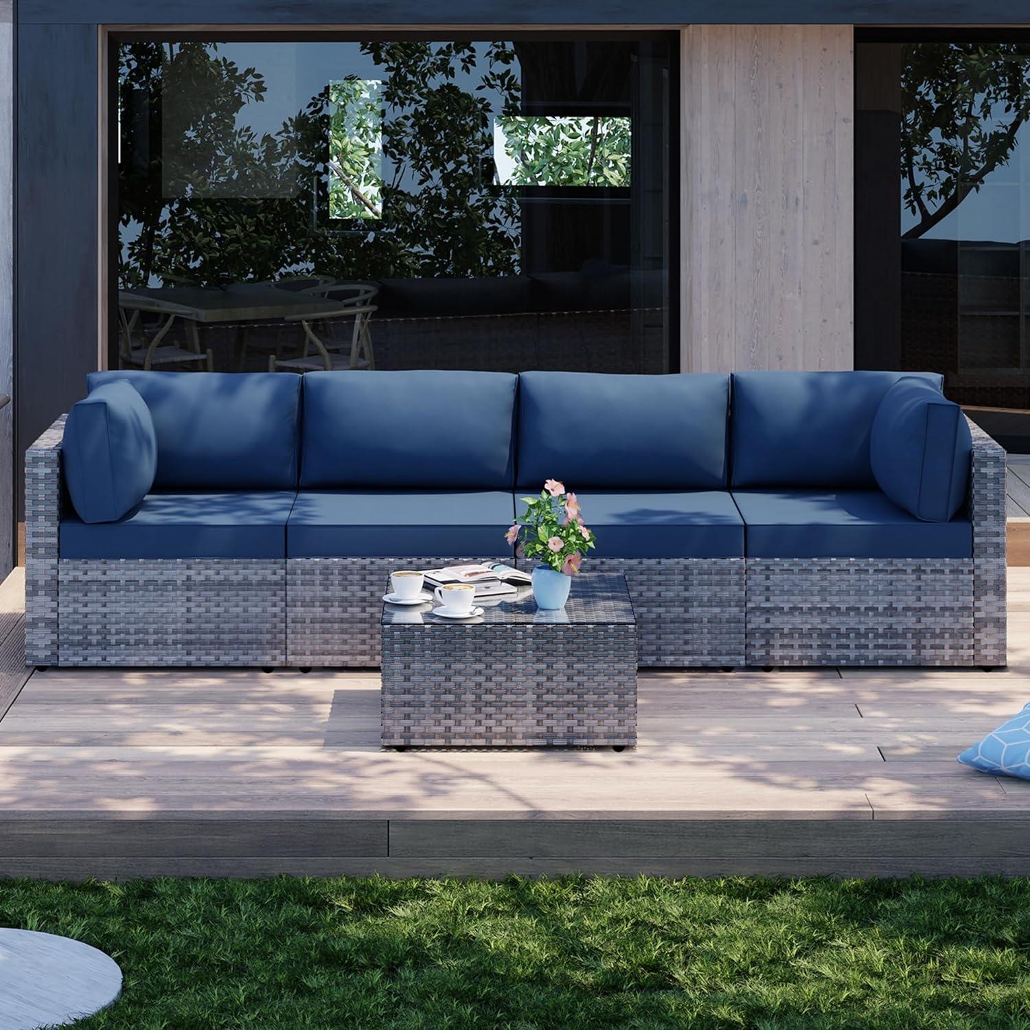 Aegean Blue and Silver 5-Piece Outdoor Sectional Sofa Set