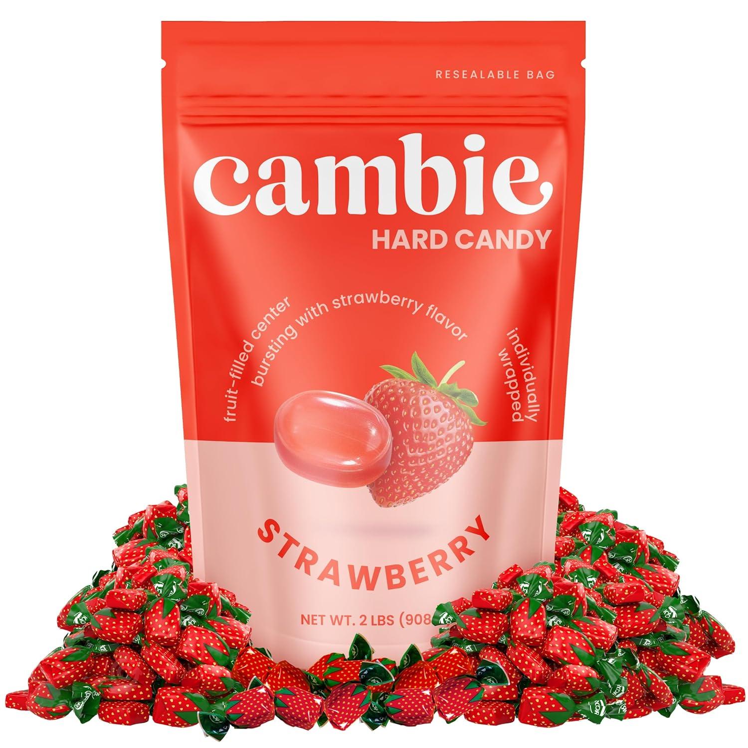 Strawberry Filled Hard Candy - Individually Wrapped Strawberry Bon Bons Candy 2 Pound Bulk Bag (Approx. 130 Pieces) - Holiday Candy with Soft Fruit Filled Center