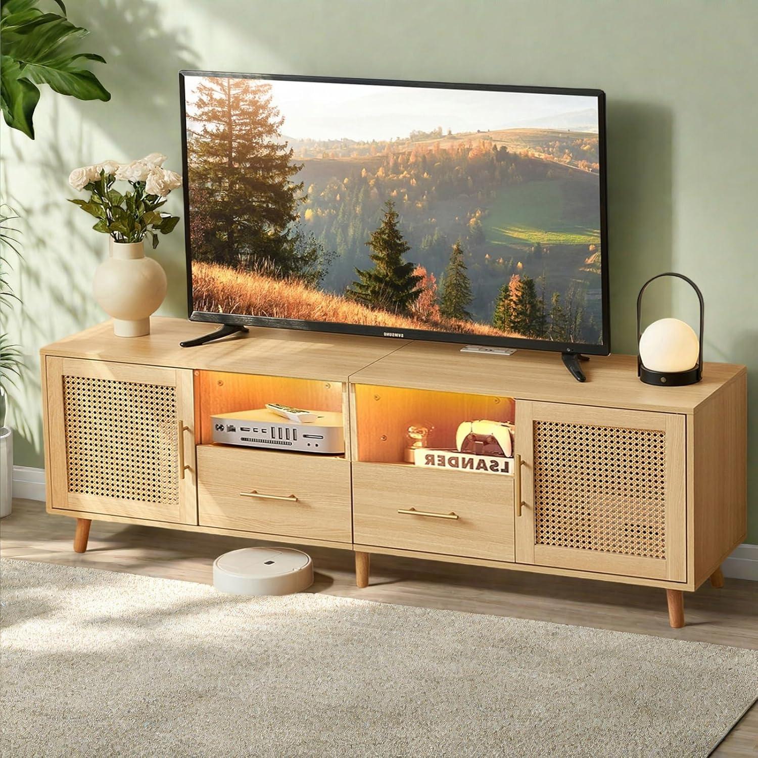 Bay Isle Home™ Heyer Large Wood Rattan TV Stand for TVs up to 75" with LED Light and Charging Station, Coastal Media Console Table, Multimedia Storage Furniture with 2 Drawers, Lighting TV Cabinet