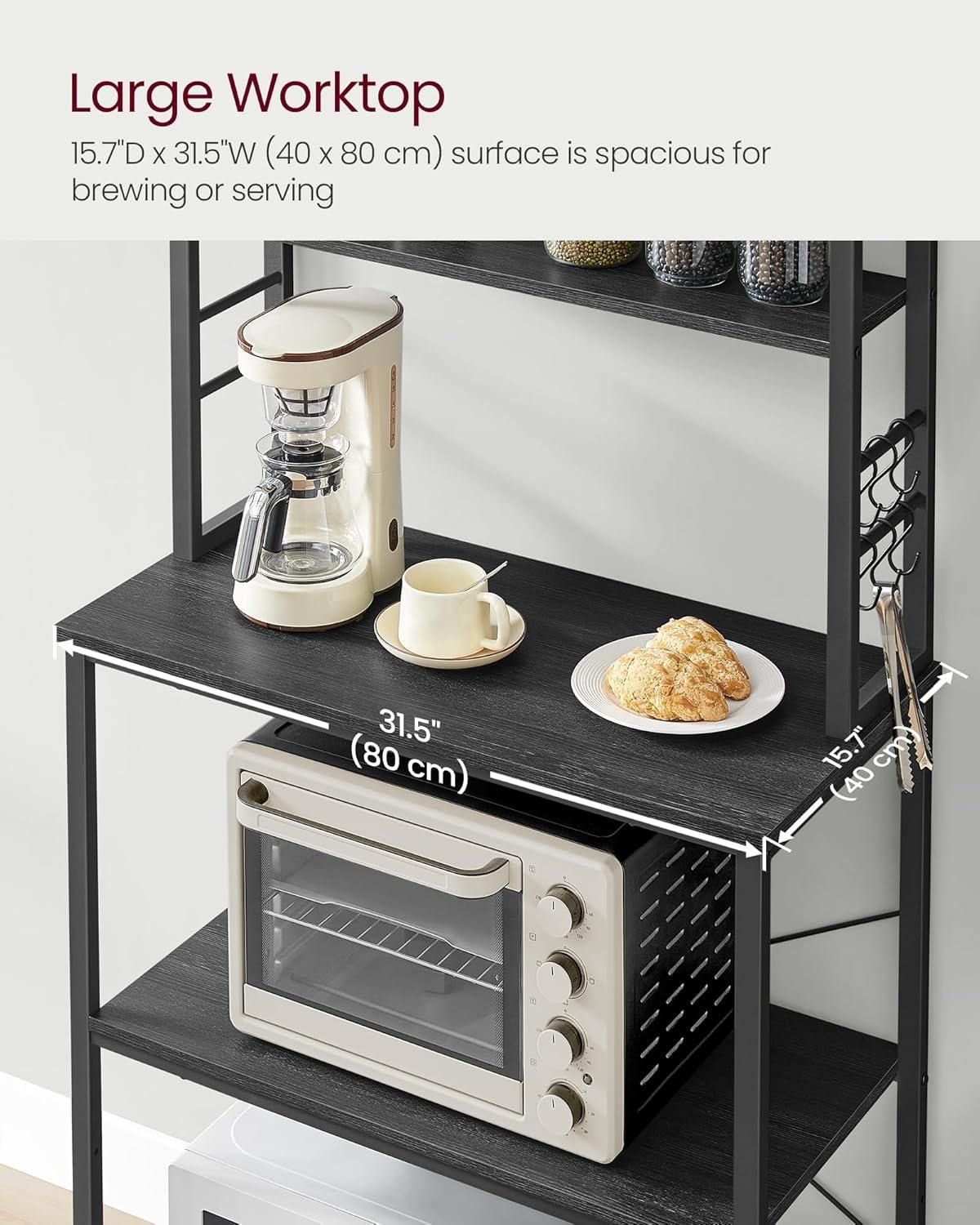 31.5 Inches Coffee Bar Baker's Rack for Kitchen with Storage, 6-Tier Shelves with 6 Hooks, Microwave Stand, Industrial Style, Charcoal Gray and Black UKKS019B22