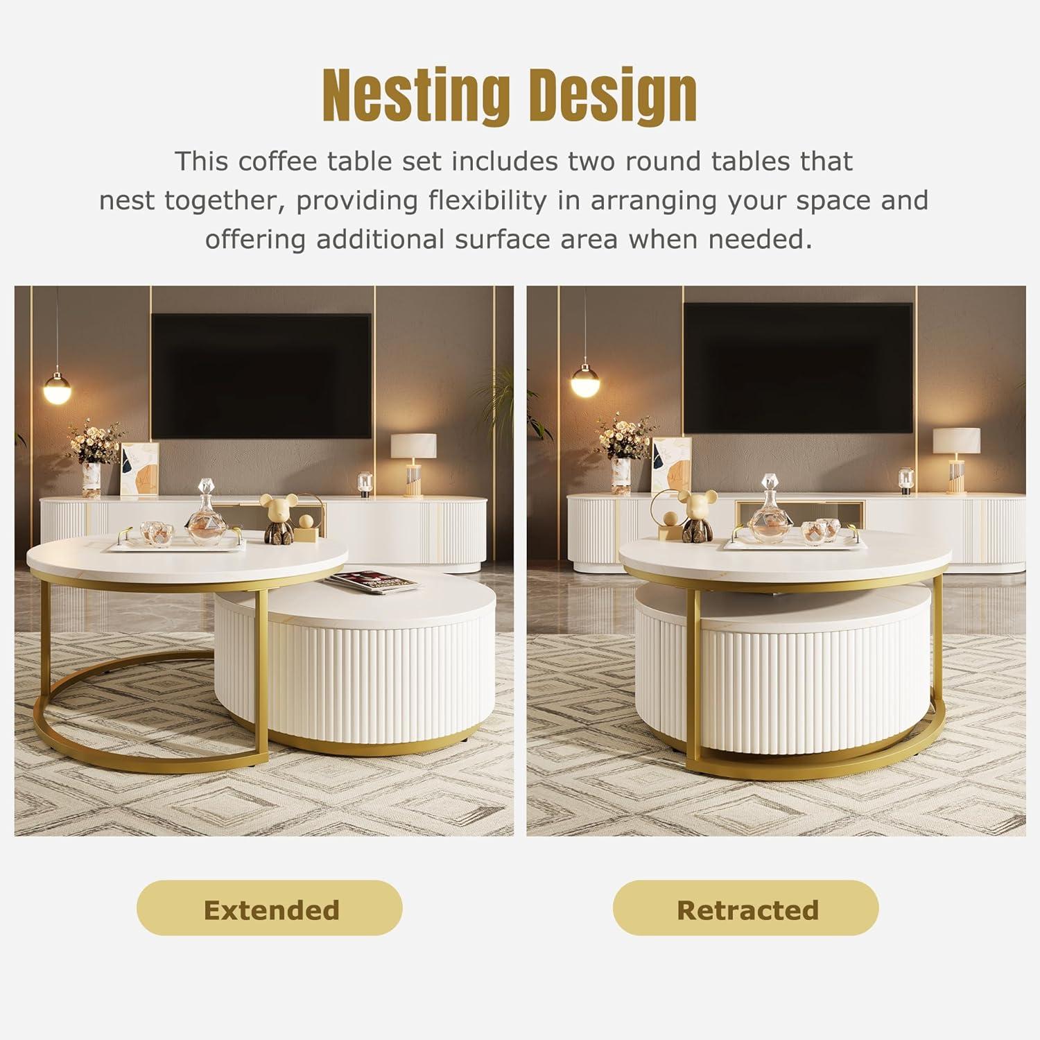 Modern Round Nesting Coffee Table Fluted with Drawer Multiple End Tables Utility Table Telephone Table for Living Room Office Bedroom Balcony, White & Gold