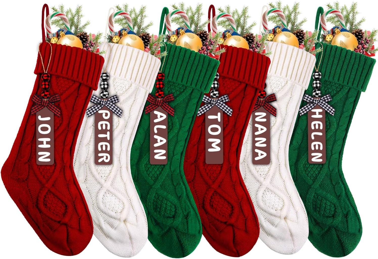 Set of 6 Red, White, and Green Cable Knit Christmas Stockings with Wooden Name Tags