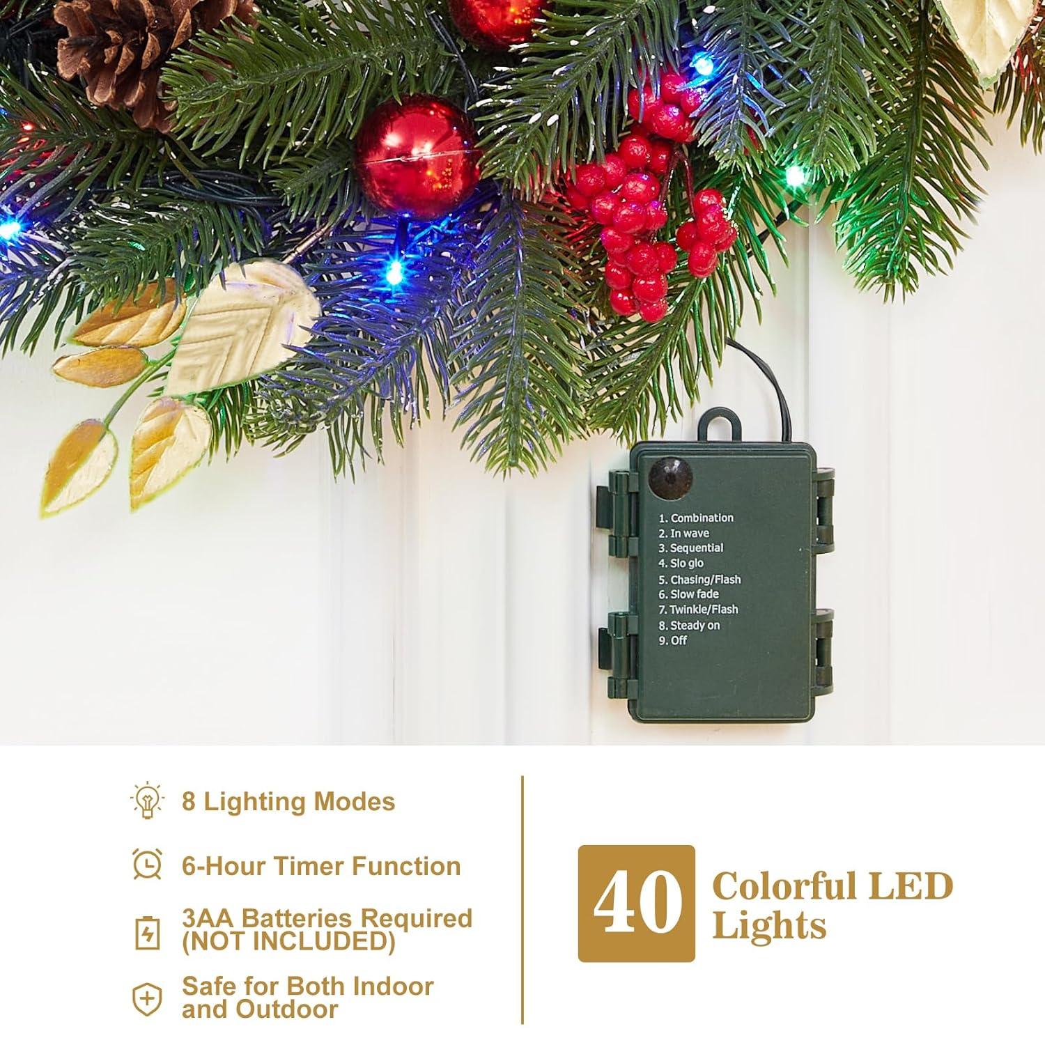 Christmas Wreath for Front Door, 18 Inch Outdoor Christmas Wreath, Battery Operated Xmas Wreath with Silver White Ball Ornaments Bows and 40 LED Lights for Home Holiday Decor