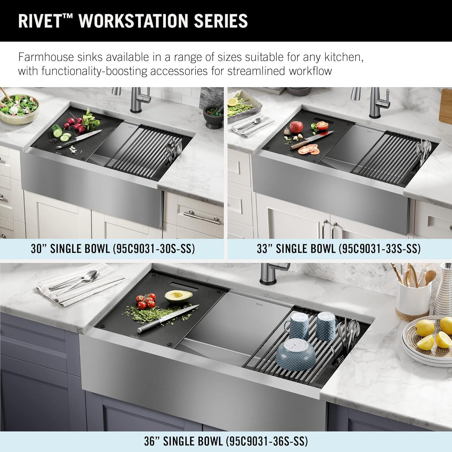 Delta Rivet™ 33" L Workstation Farmhouse Apron Front Kitchen Sink Undermount 16 Gauge Stainless Steel Single Bowl