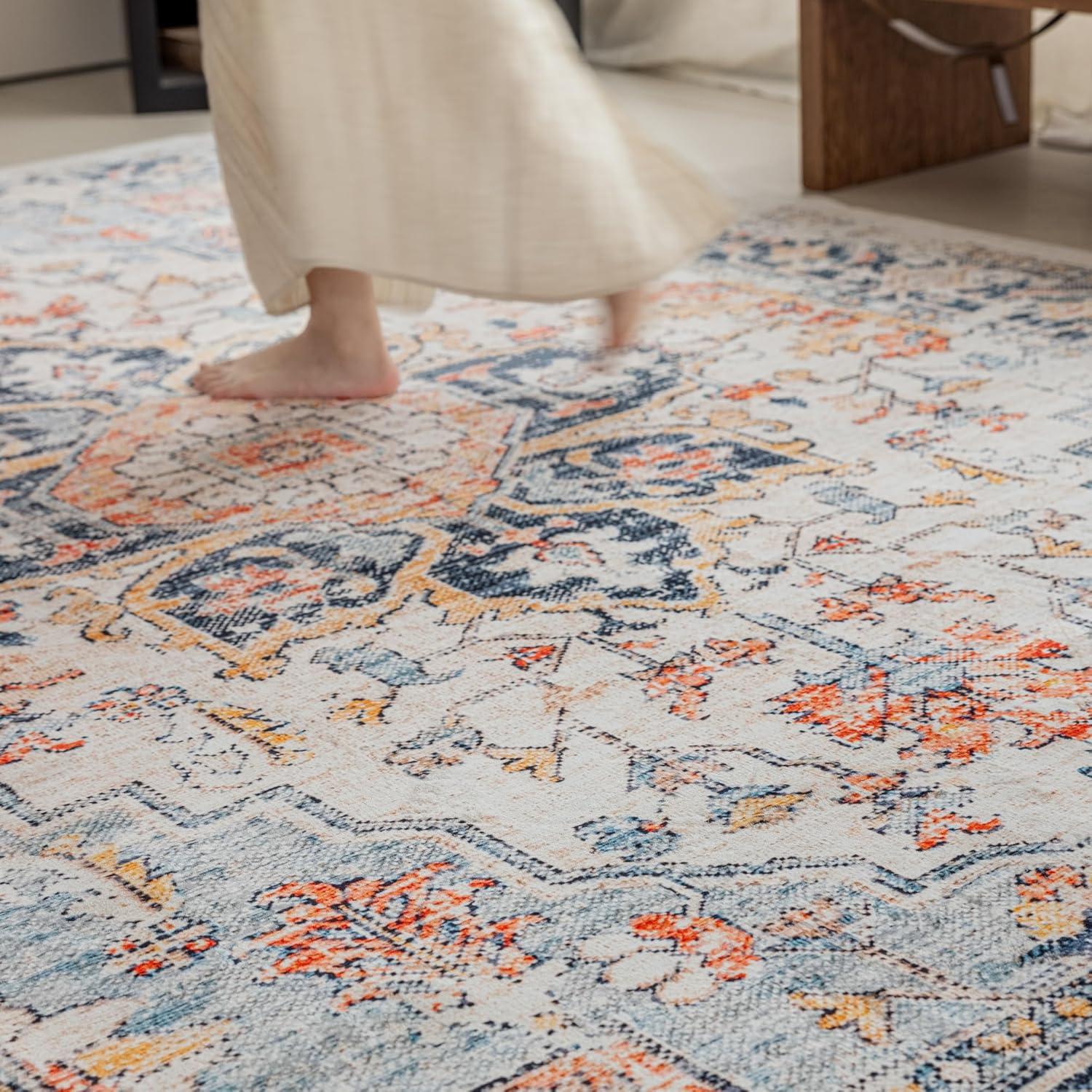 VK VK·LIVING 9x12 Area Rug Washable Rugs for Living Room Rug Vintage Design Boho Rug with Non Slip Living Room Rug Bedroom Carpet Stain Resistant, Home Decor, Blue&Orange