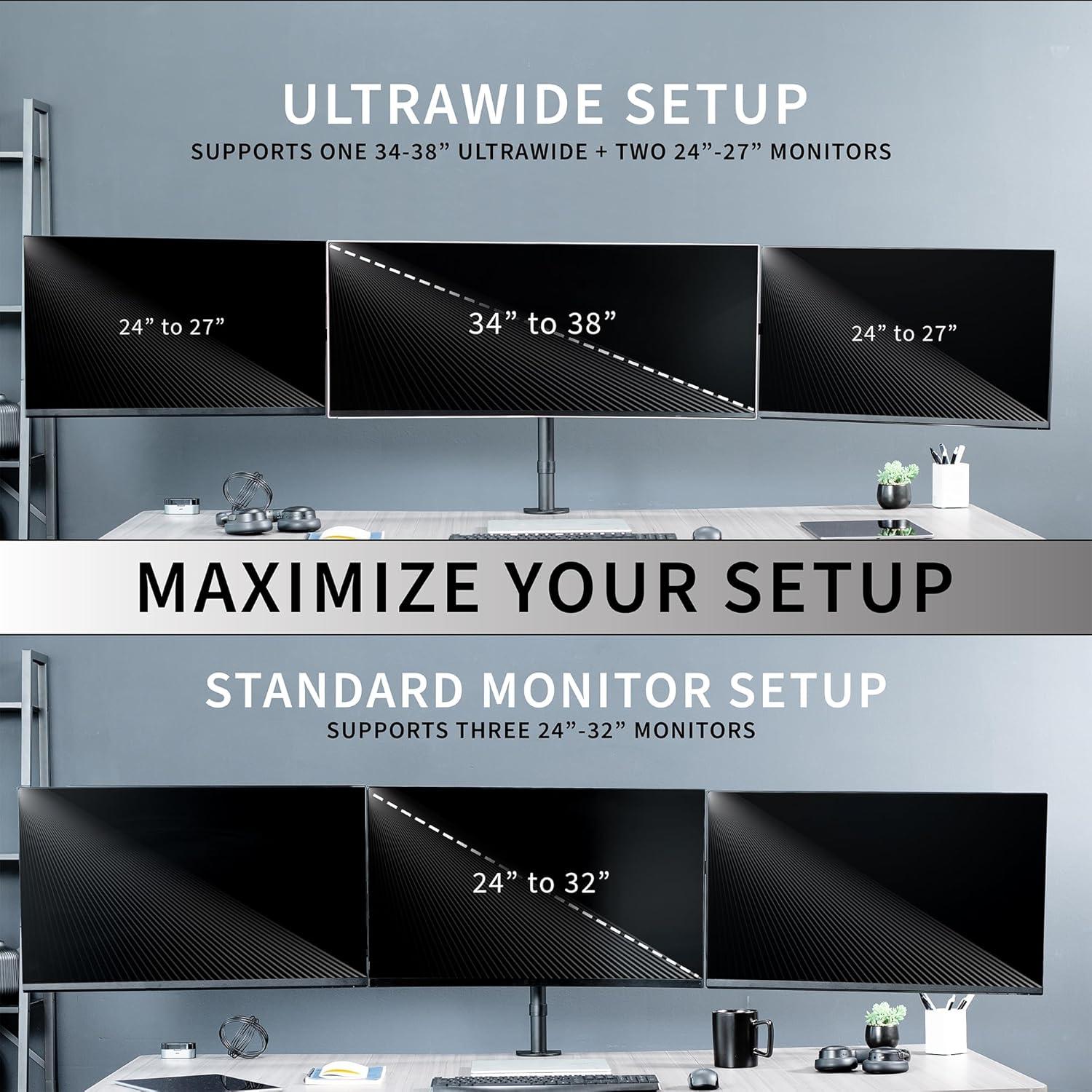 VIVO Telescoping Triple Monitor Desk Mount, Heavy Duty Flush-to-Wall Stand