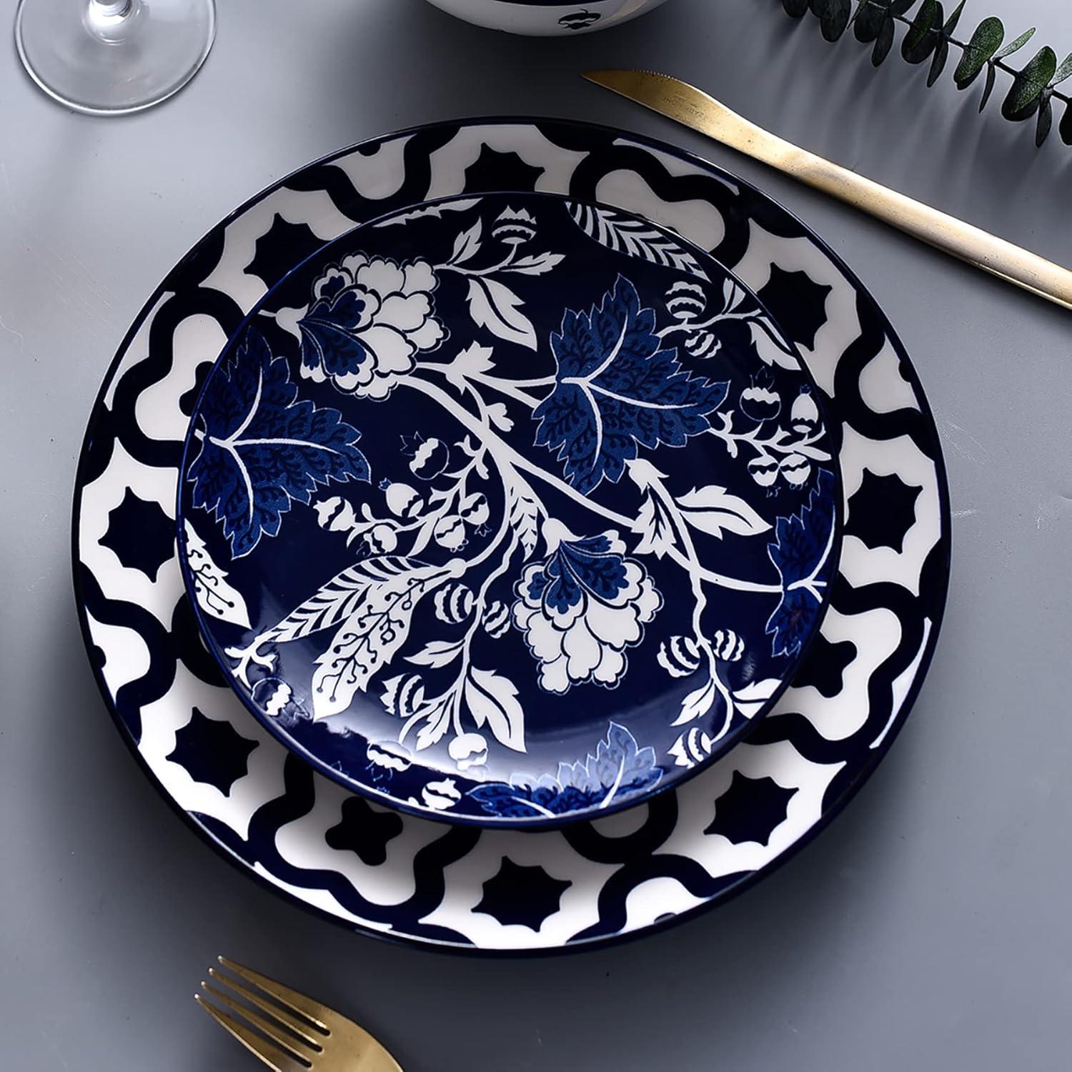 Wisenvoy Juegos de Vajilla Juegos de Platos y Tazones Juego de Platos de Cerámica Juego de Platos Vajilla de Gres Juego de Platos para 4 Azul