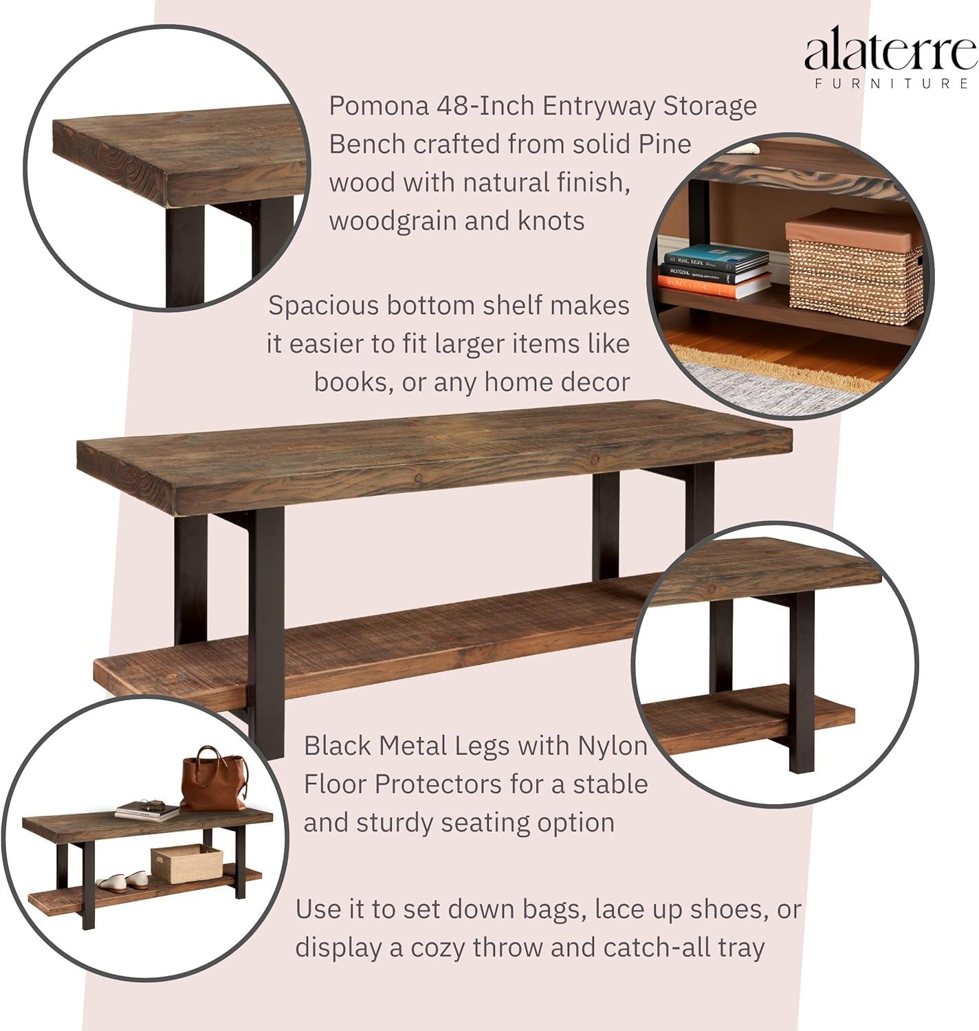 48" Pomona Solid Wood and Metal Entryway Bench Brown - Alaterre Furniture: Rustic Style, 2-Seater with Storage, Spot Clean