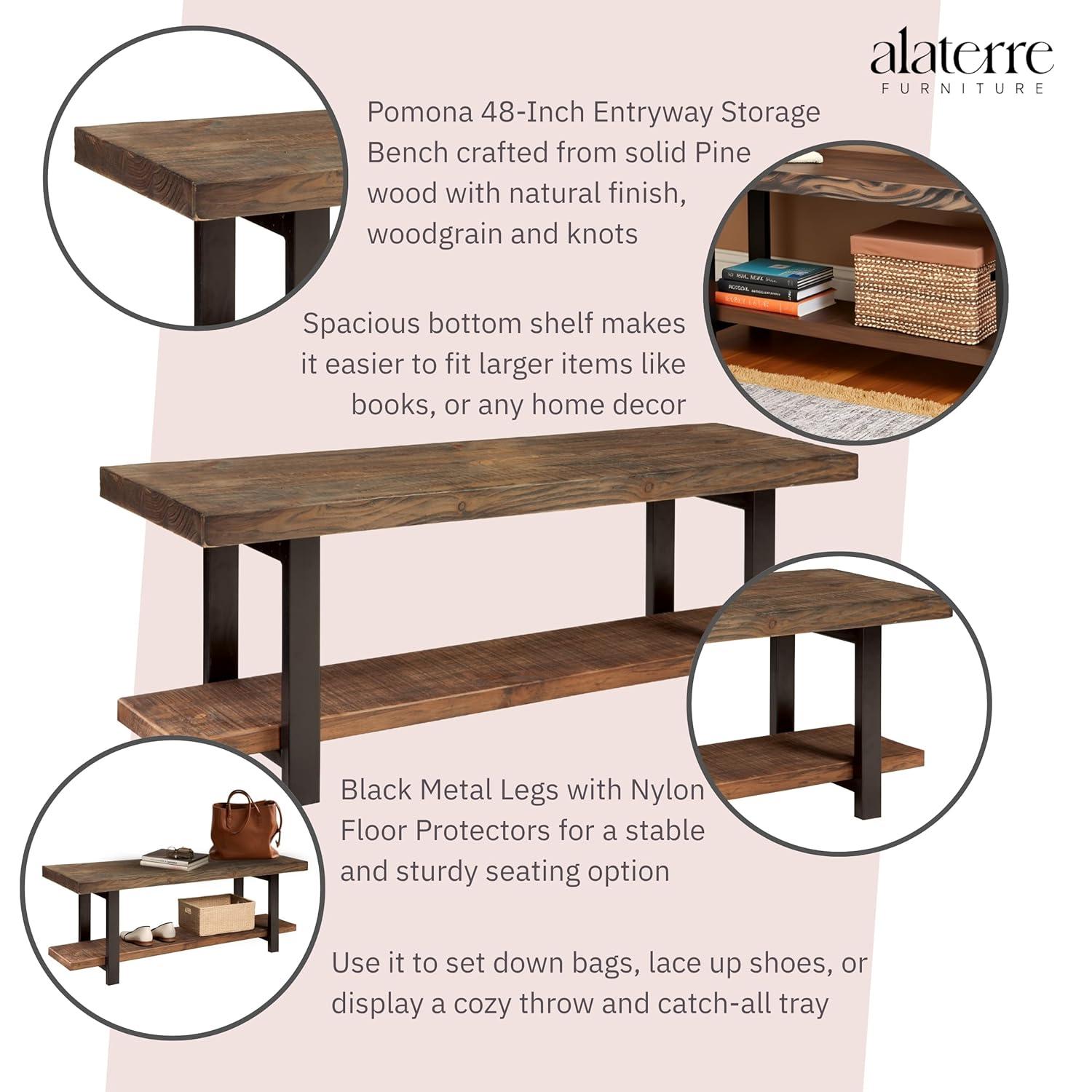 48" Pomona Solid Wood and Metal Entryway Bench Brown - Alaterre Furniture: Rustic Style, 2-Seater with Storage, Spot Clean