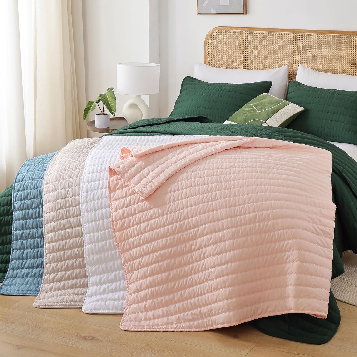 Blush Pink Microfiber Queen Bedspread Set with Pillowcases