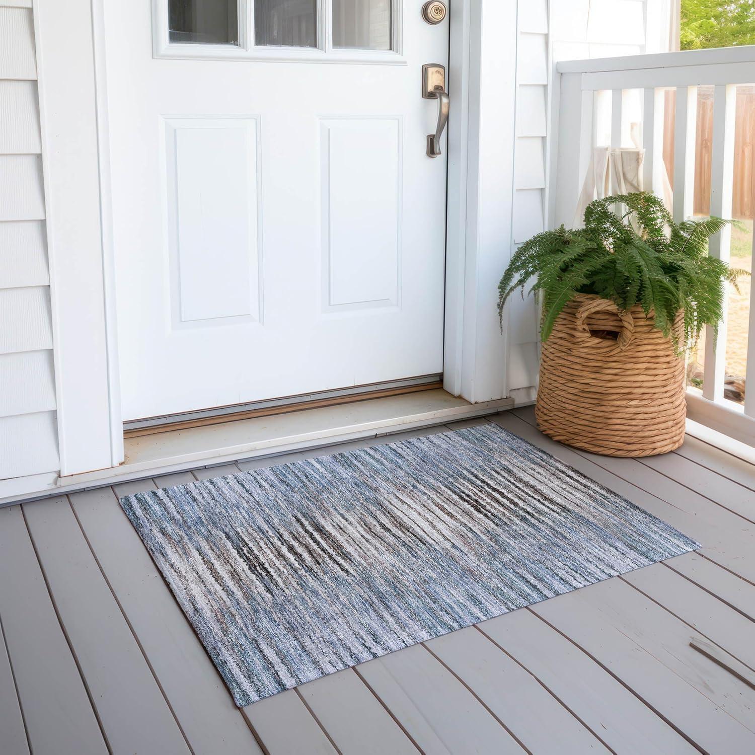 Sky Blue Striped Synthetic Washable Rectangular Rug