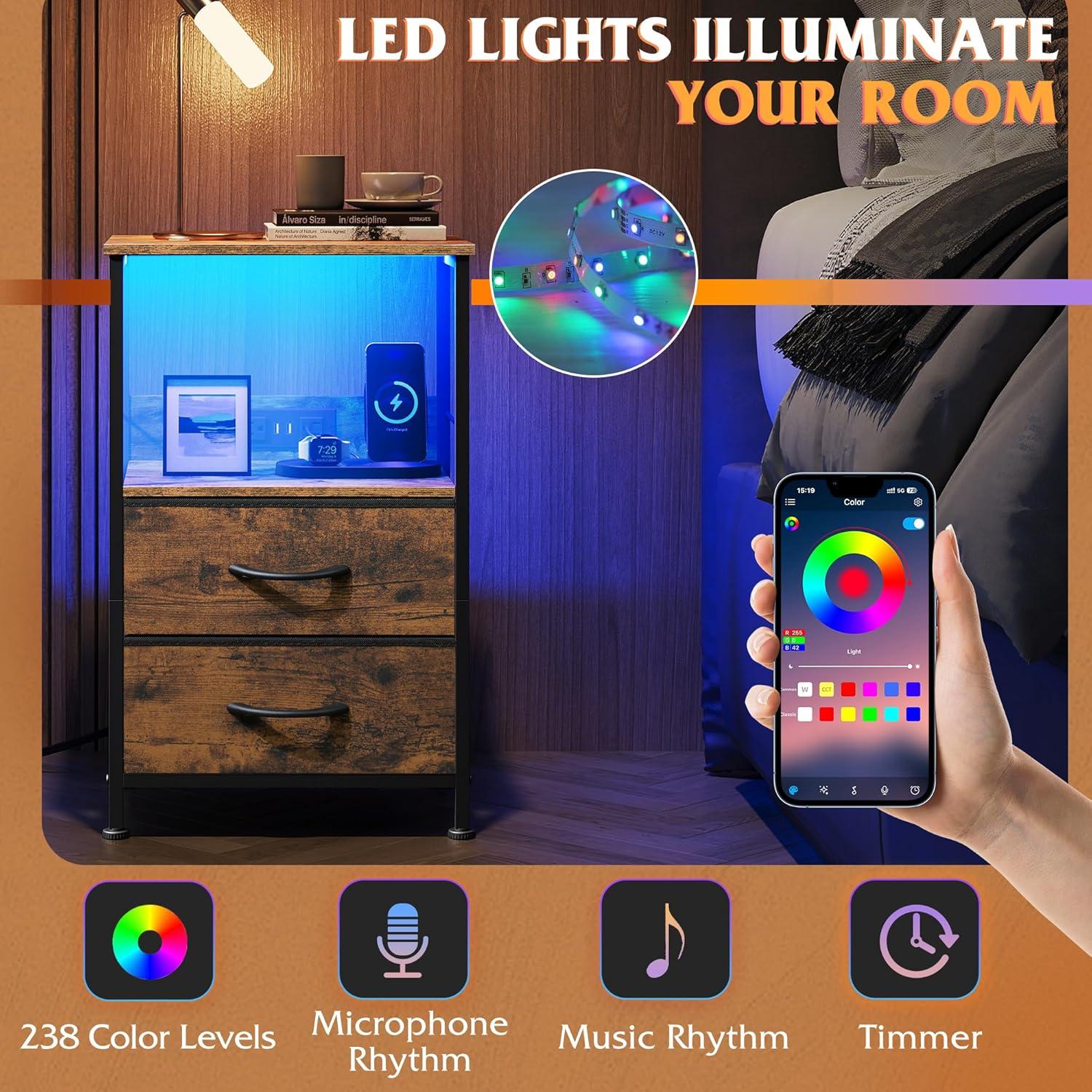 WLIVE Night Stand Set of 2 with Charging Station, LED Nightstand Sets with 2 Fabric Drawers and Storage Shelf, Small Bedside Tables for Small Spaces, Dresser for Bedroom, Rustic Brown