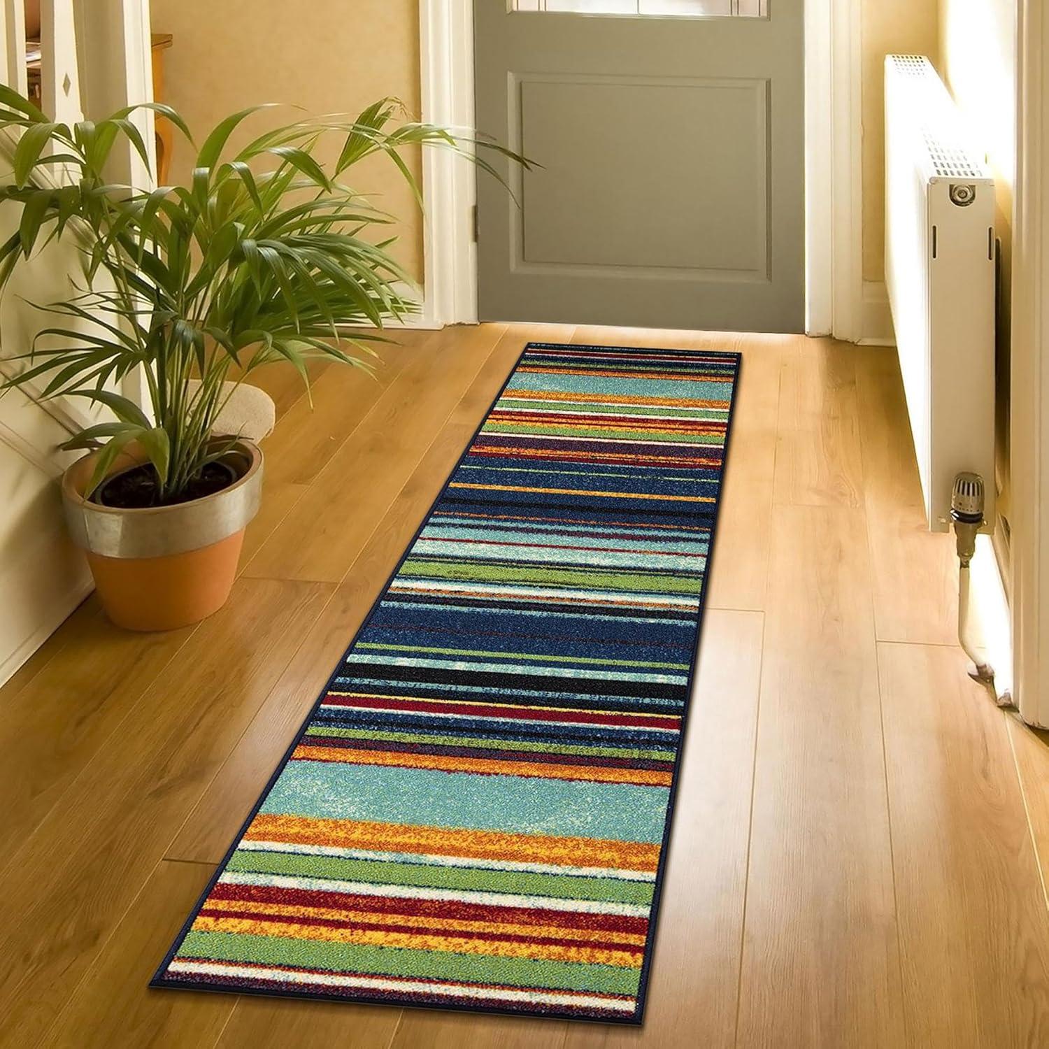 Multicolor Striped Non-Slip Synthetic Runner Rug, 2'7" x 9'10"