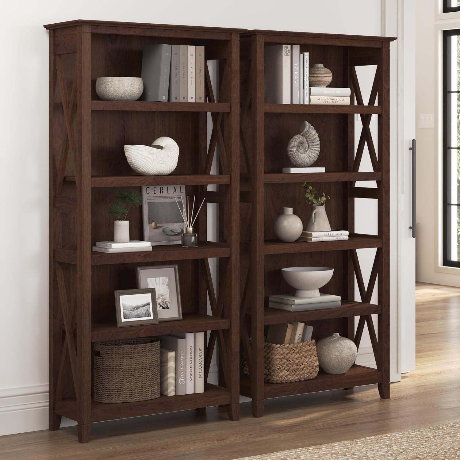 Bing Cherry Tall Adjustable 5-Shelf Bookcase Set