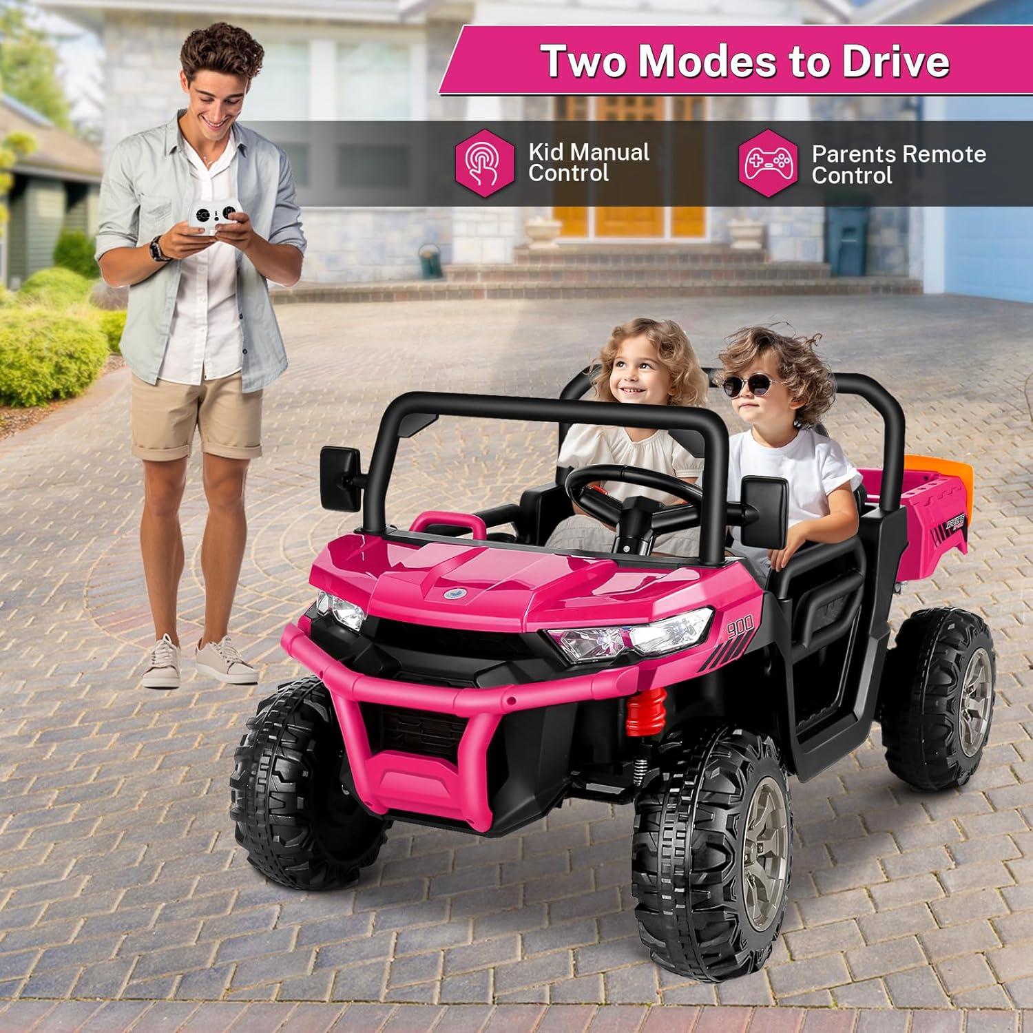 24V Kids Ride on Dump Truck with Remote Control, 2 Seater Powered 4-Wheel UTV Toys, 2x200W Ride on Tractor Car w/ Electric Dump Bed, Shovel, Bluetooth Music, Pink