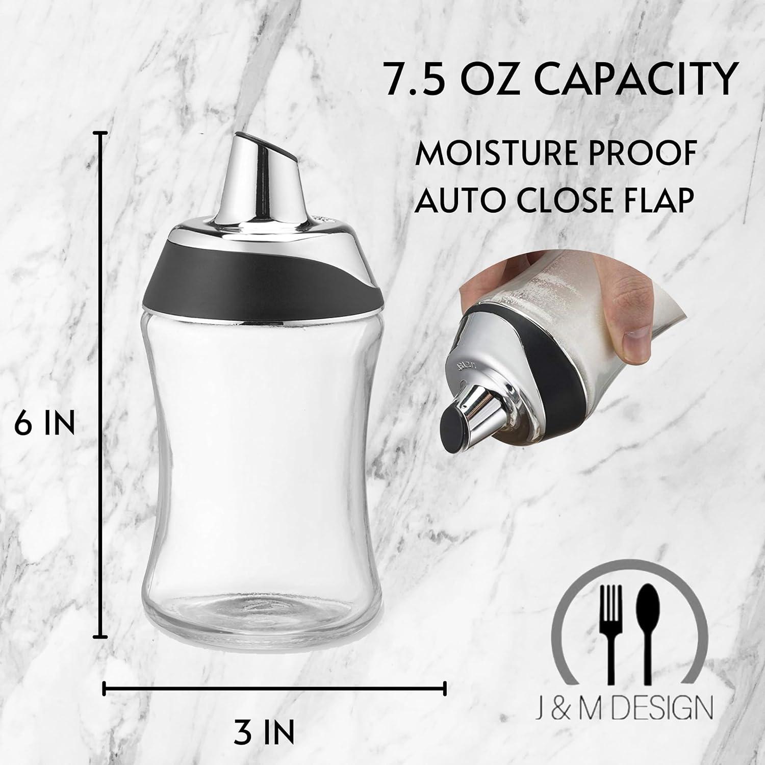 J&M DESIGN Sugar Dispenser with Pour Spout Lid Sugar Container Shaker Coffee Bar Accessories Organizer Essentials Powdered Creamer Baking Supplies 7.5oz Glass Jar Pourer Sugar Bowl Salt Dish Holder