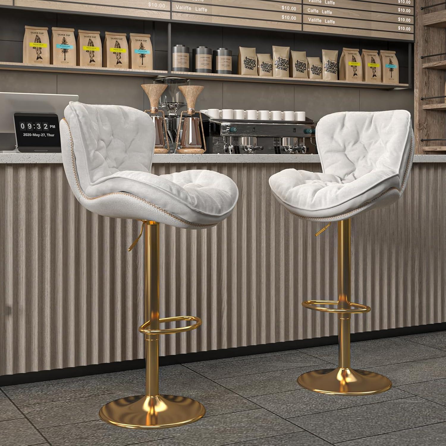 Beige Velvet Adjustable Swivel Bar Stools with Gold Base