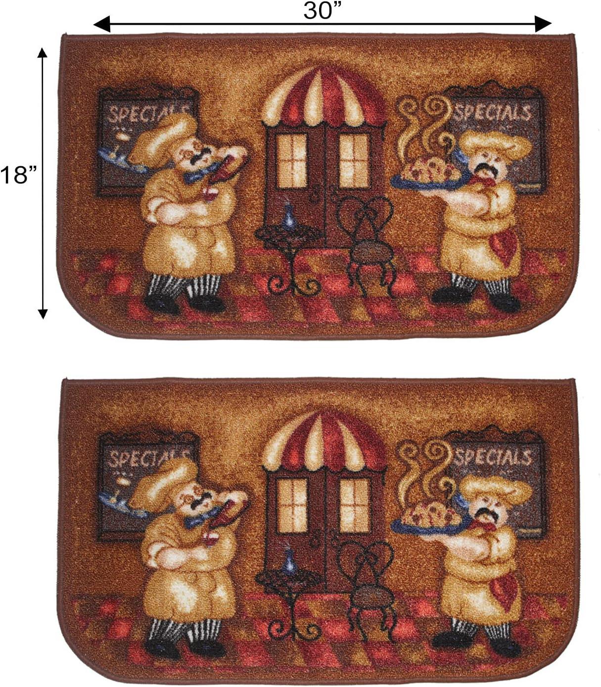 Kashi Home Kitchen Rug, Printed Area Rug, Durable Floor, Door Mat, Farmhouse Non-Slip Carpet Latex Backing Beautiful Design Chef 3pc Set (2 18x30 D Shape & 1 20x40)