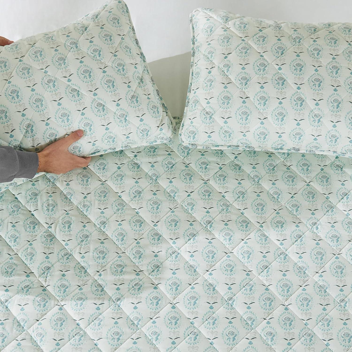 King Blue Floral Reversible Microfiber Quilt Set