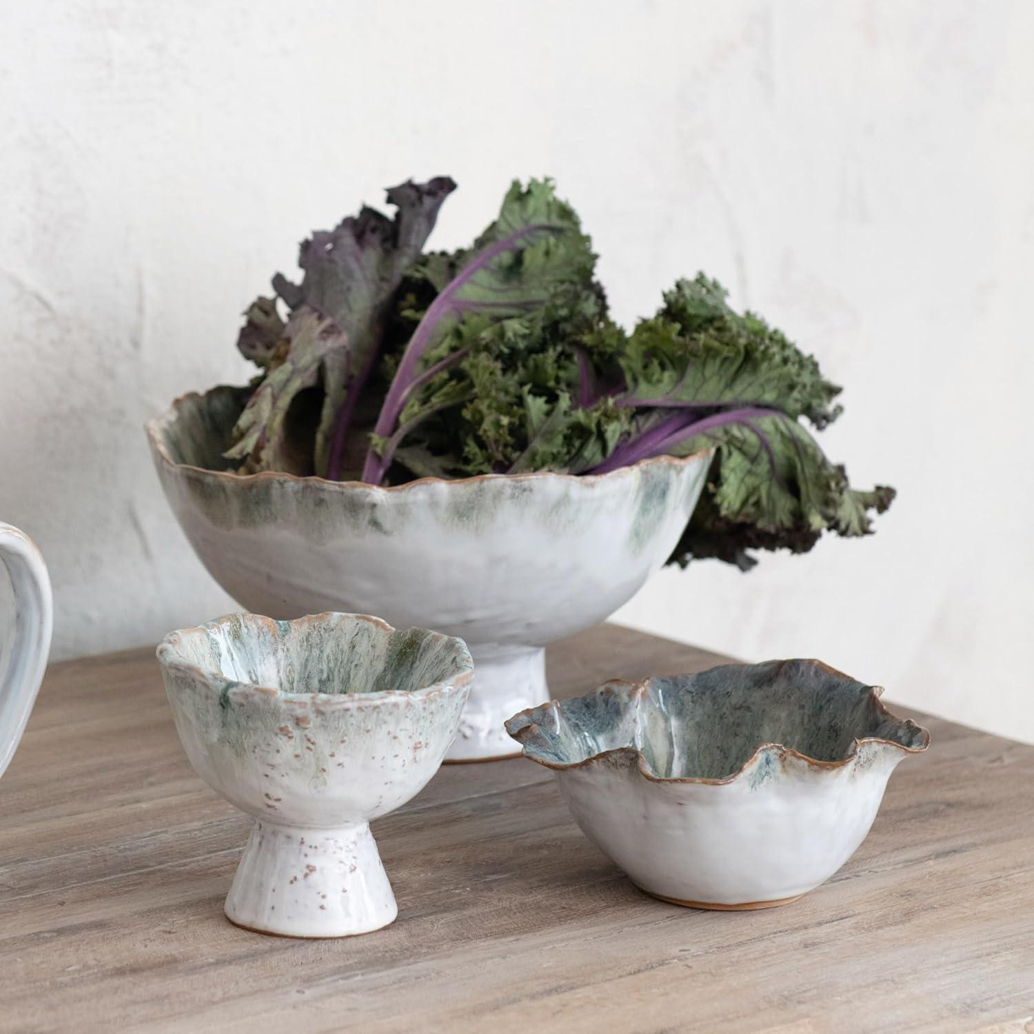 Green and Brown Speckled Stoneware Bowl with Stand