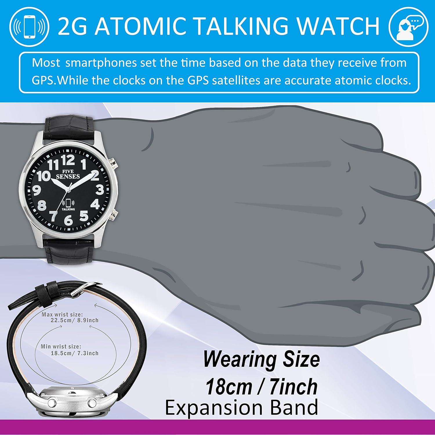 FIVE SENSES Jumbo Smart Atomic Talking Watch with Voice Reminders and App Control for Seniors and Visually Impaired - Great Gift for Blind Men and Women. Metal Talking Watches for The Blind (Black)
