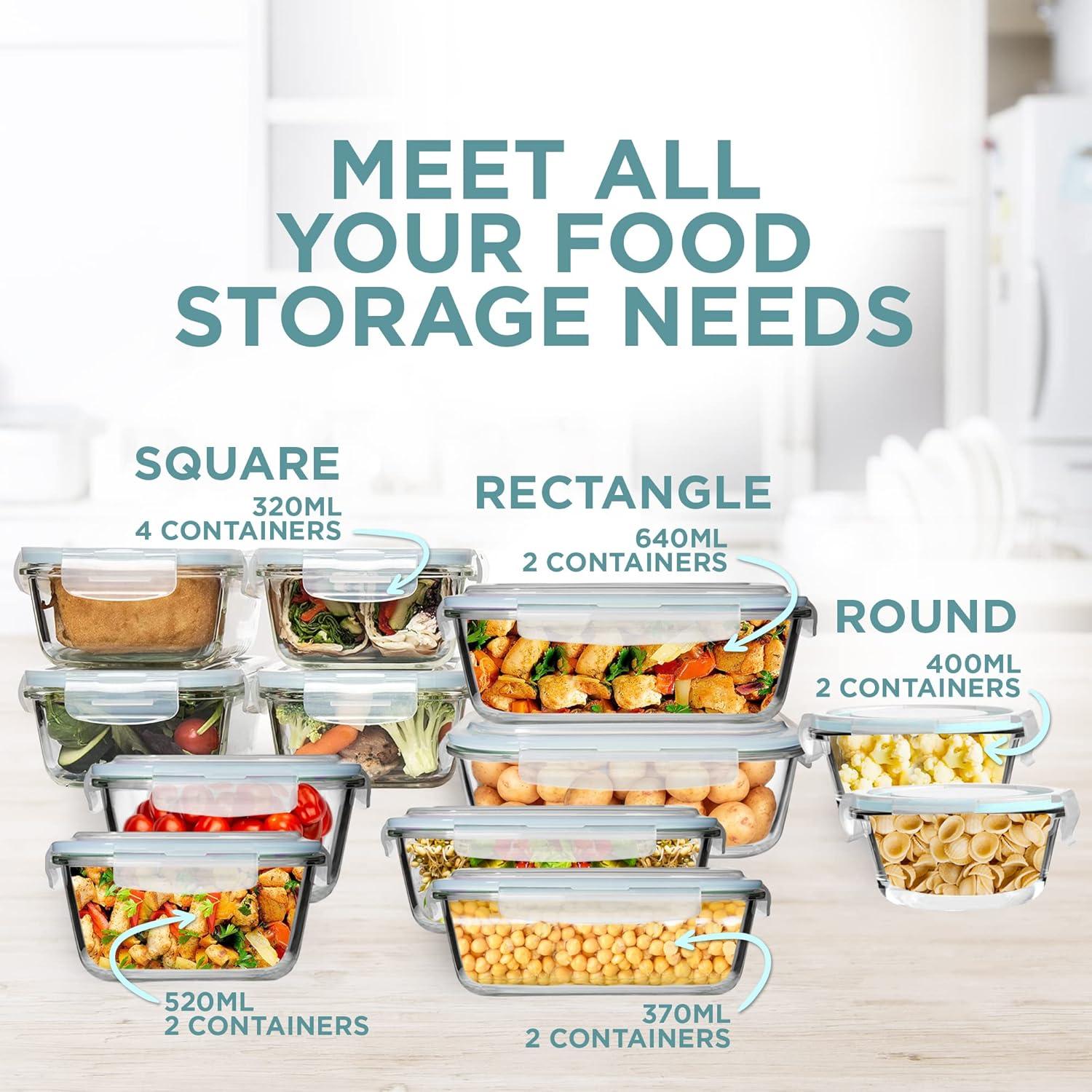 Razab 24 Piece Glass Food Storage Containers w/Airtight Lids - Microwave/Oven/Freezer & Dishwasher Safe - Steam Release Valve BPA/ PVC Free -Small & Large Reusable Round, Square & Rectangle Containers