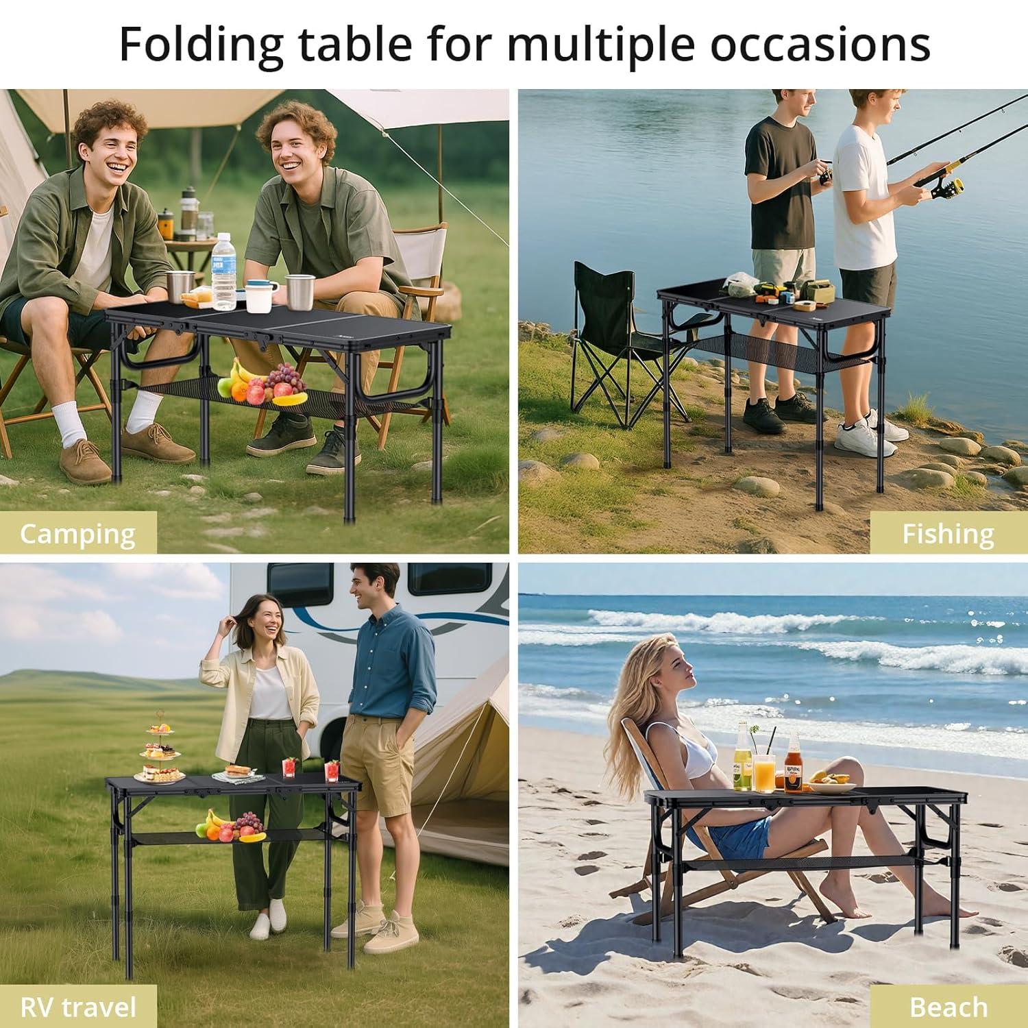 Black Aluminum Folding Camping Table with Adjustable Heights and Storage Net