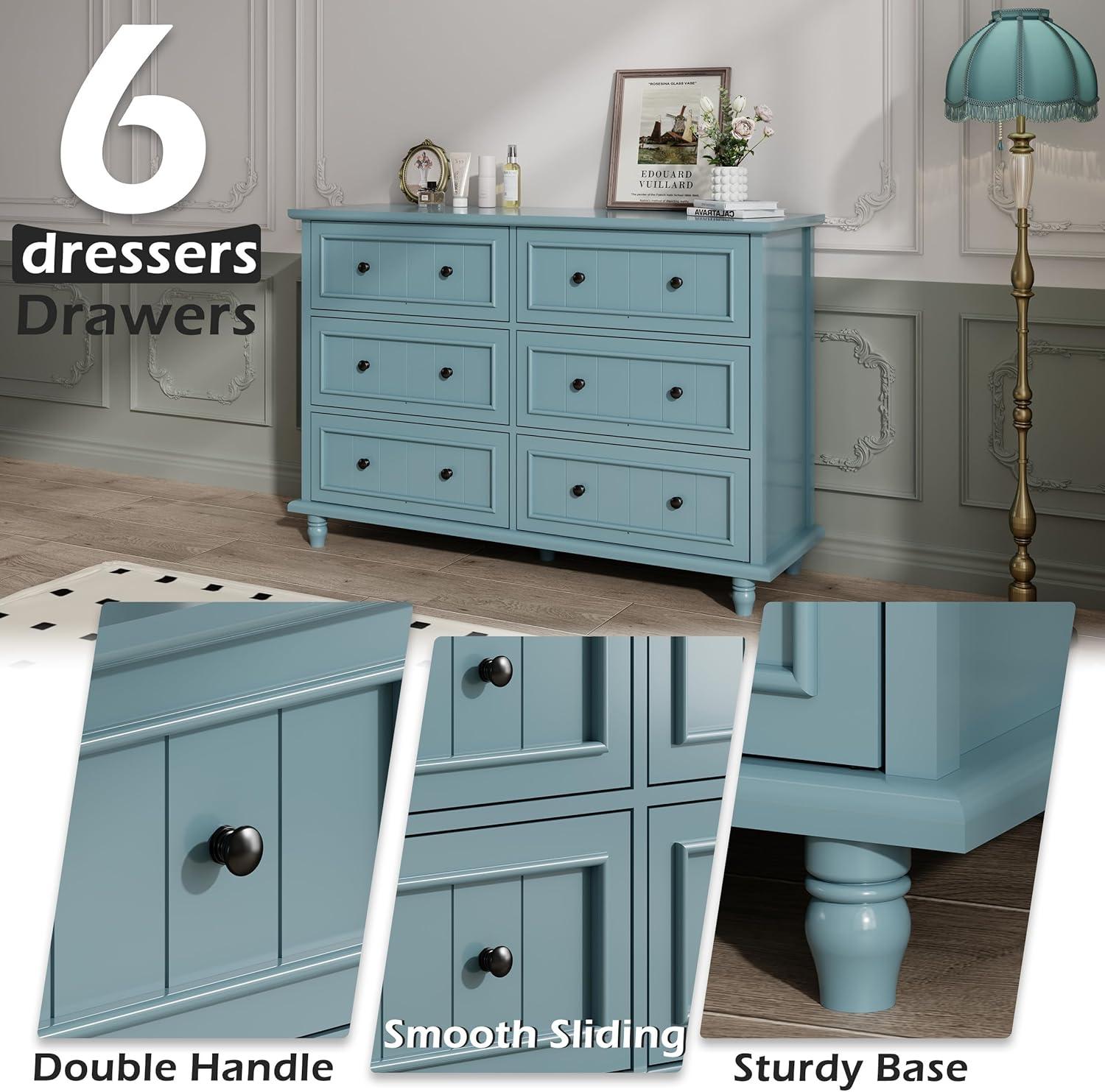 Scurrty 6 Drawer Dresser, Antique Chest of Drawers, Large Cabinet with Storage, Big Dresser for Clothes in Living Room, Bedroom (Blue)