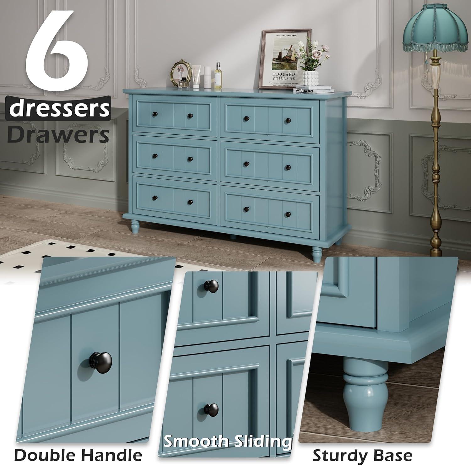 Scurrty 6 Drawer Dresser, Antique Chest of Drawers, Large Cabinet with Storage, Big Dresser for Clothes in Living Room, Bedroom (Blue)