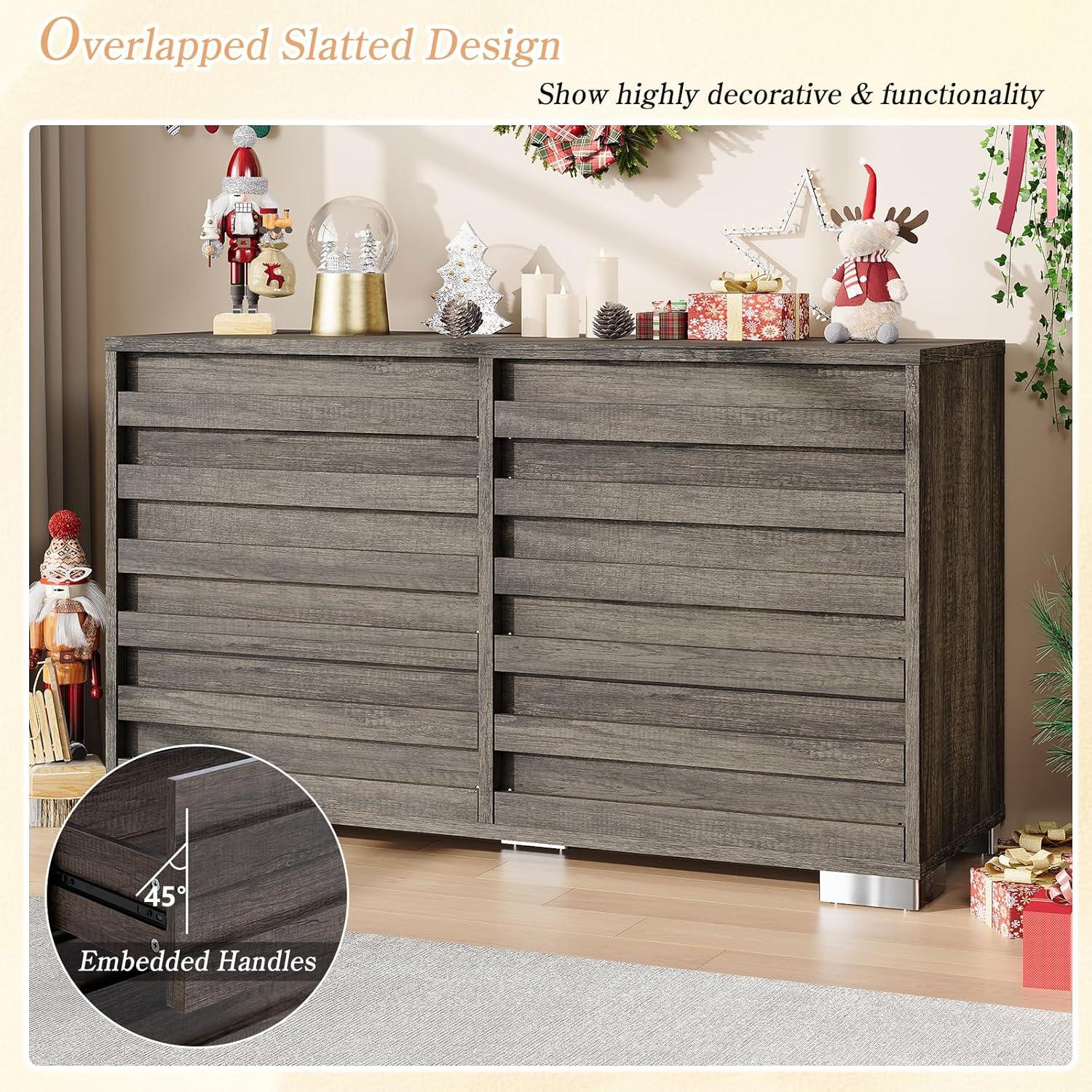 Rustic Gray Farmhouse Double Dresser with Slat Handles