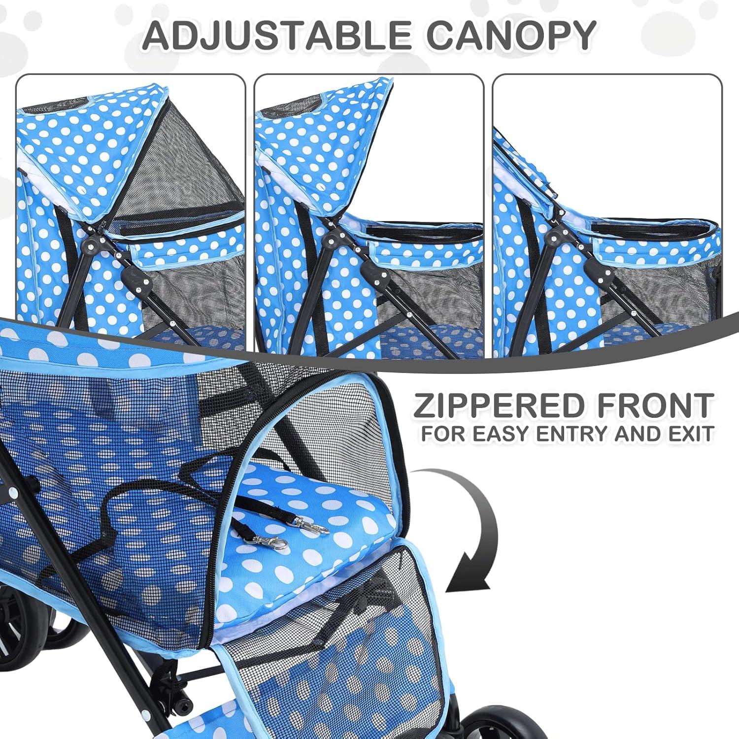 MoNiBloom 4 Wheel Foldable Lightweight Pet Trolley for Cats & Dogs, Sky Blue with White Polka Dots