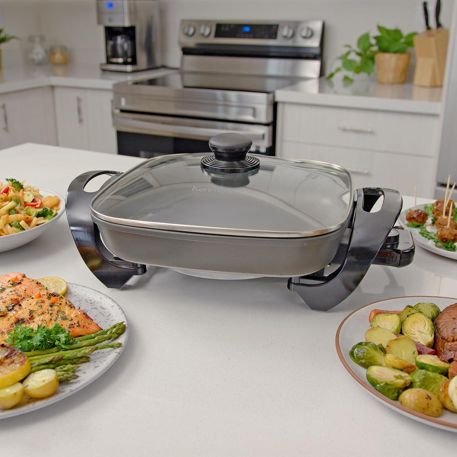 Kenmore 12x12" Non-Stick Electric Skillet with Glass Lid - Black/Gray: Cast Iron, Plug-In, Temperature Control, 1350W