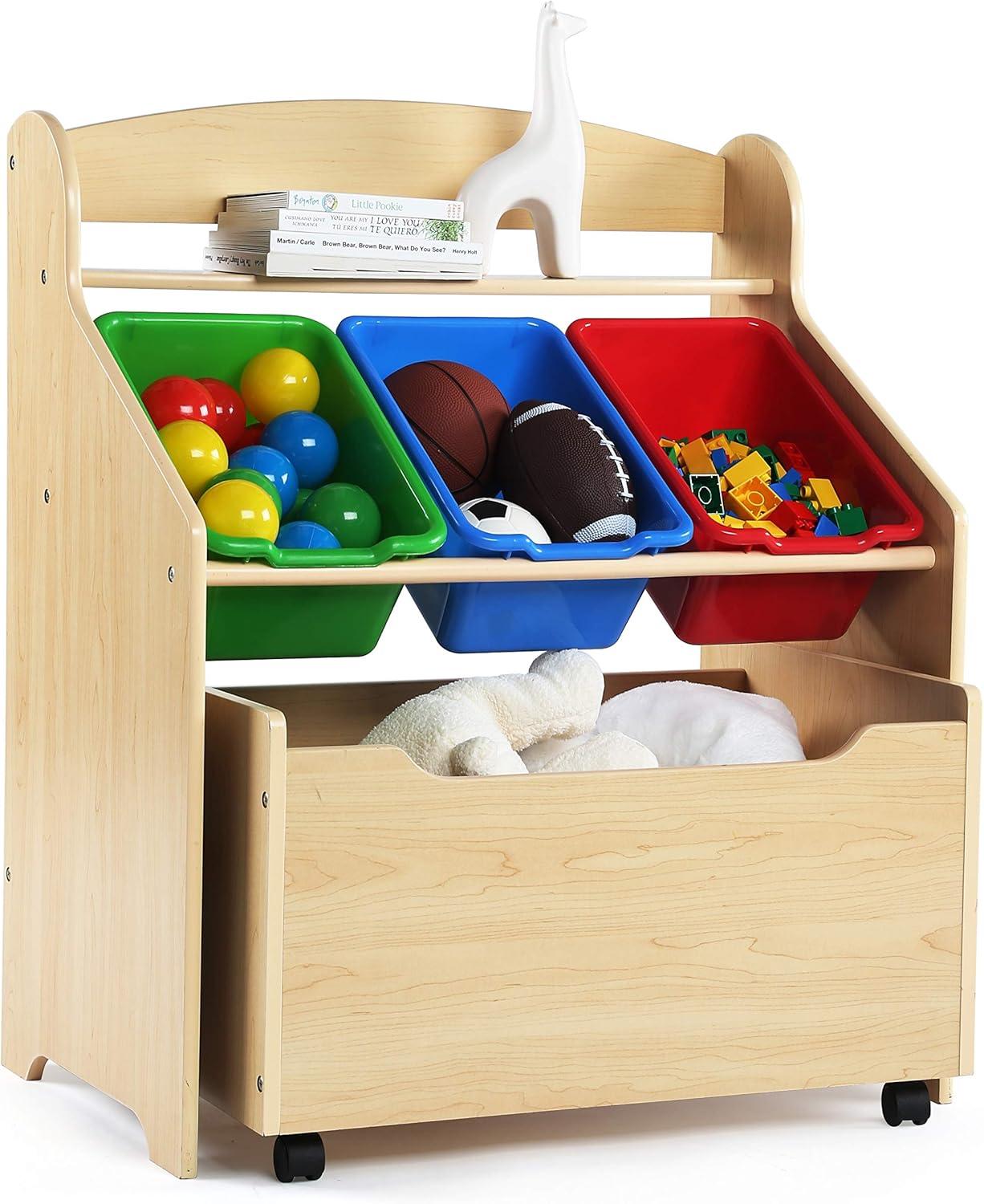 Humble Crew 3-in-1 Toddler-Size Storage Organizer with Rolling Toy Box, Plastic Bins, Natural/Primary