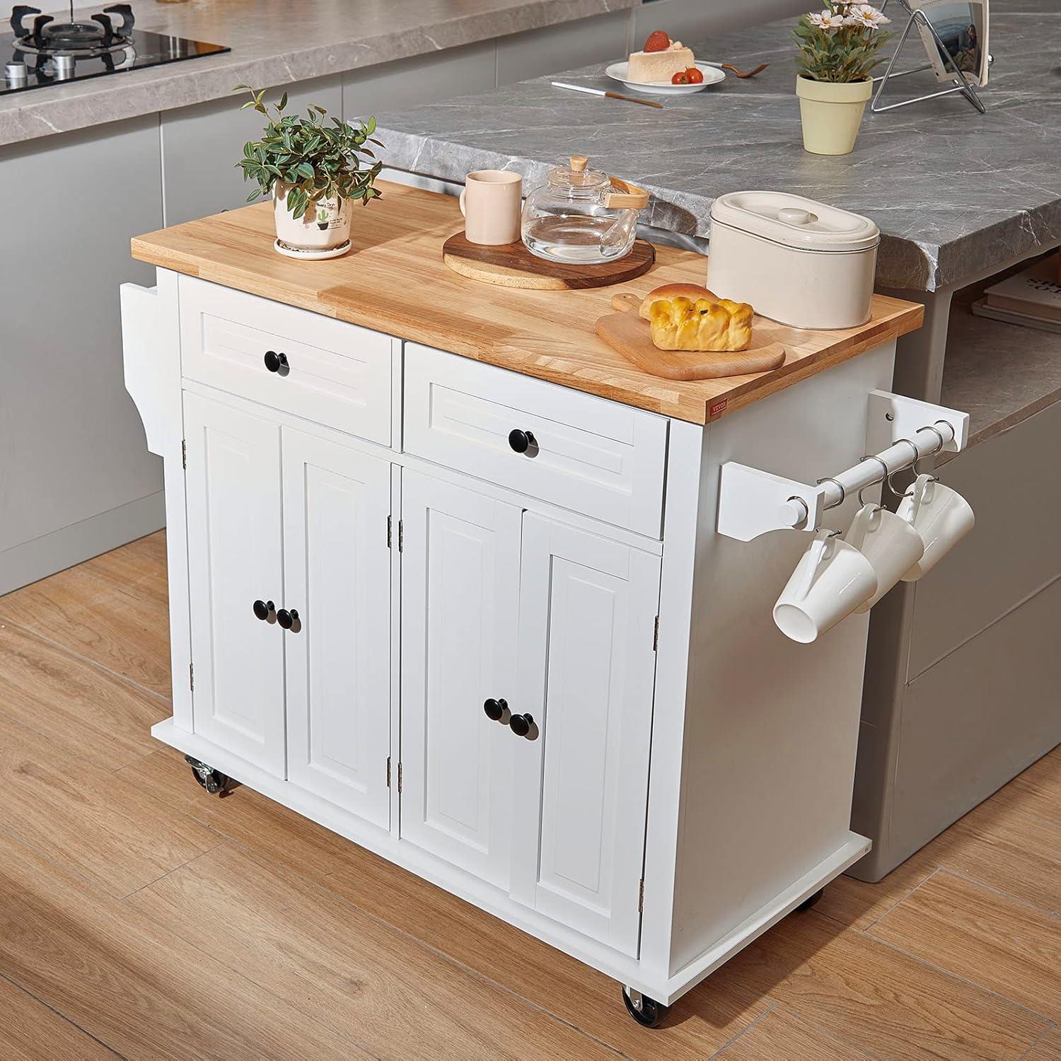 White Rubberwood Drop Leaf Kitchen Cart with Spice Rack